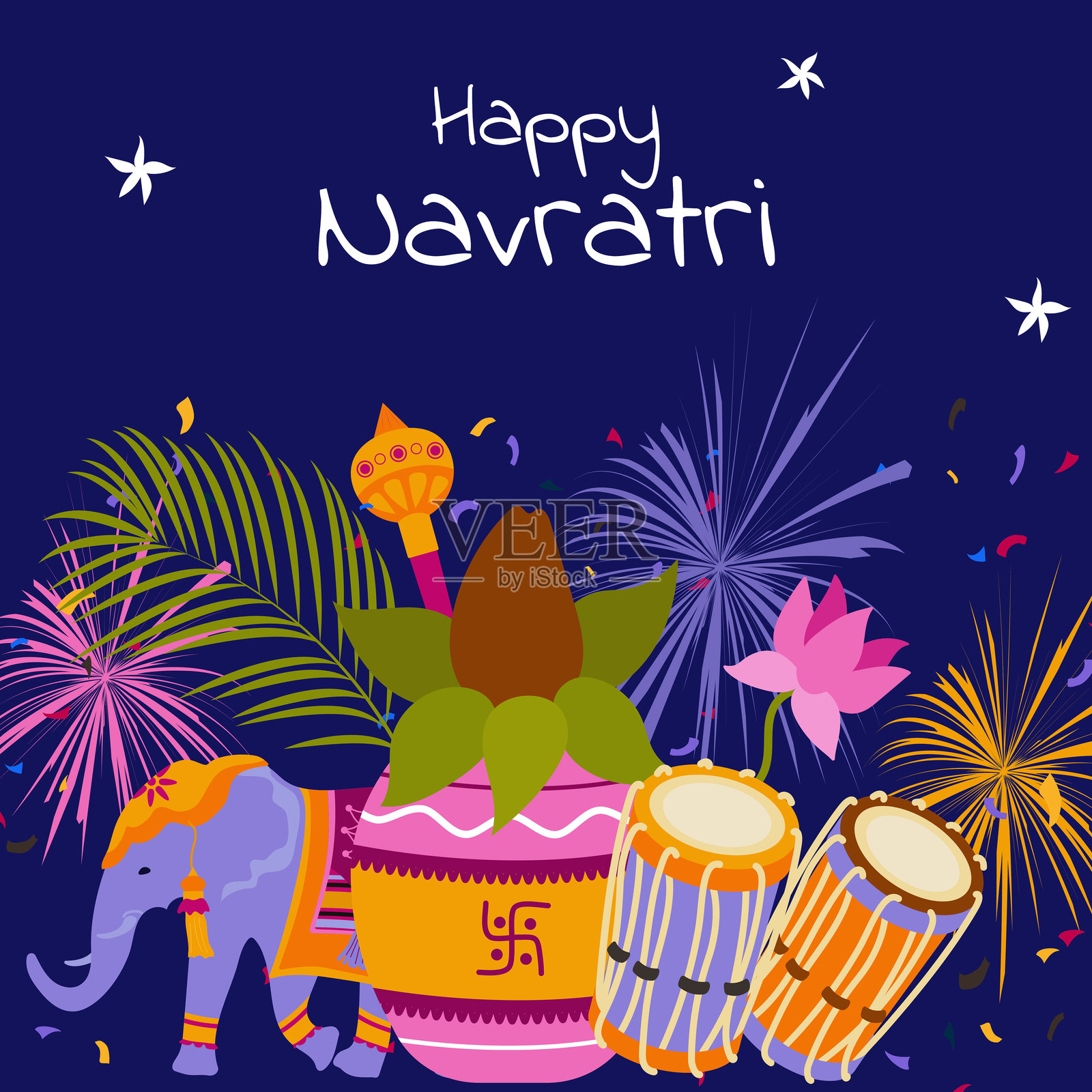 横幅、海报或邀请卡，庆祝Navratri节快乐。彩色矢量背景与假日属性插画图片素材