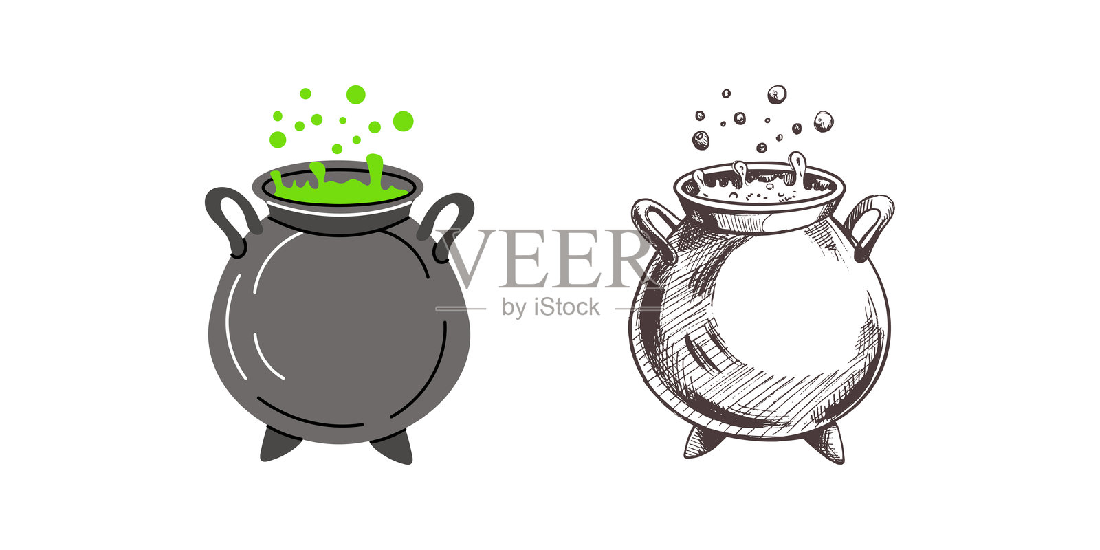 万圣节大锅孤立在白色的背景。平面和素描风格矢量素描涂鸦图形插图。万圣节派对，节日，布料，印刷品，图标，标志，纸张，装饰。插画图片素材