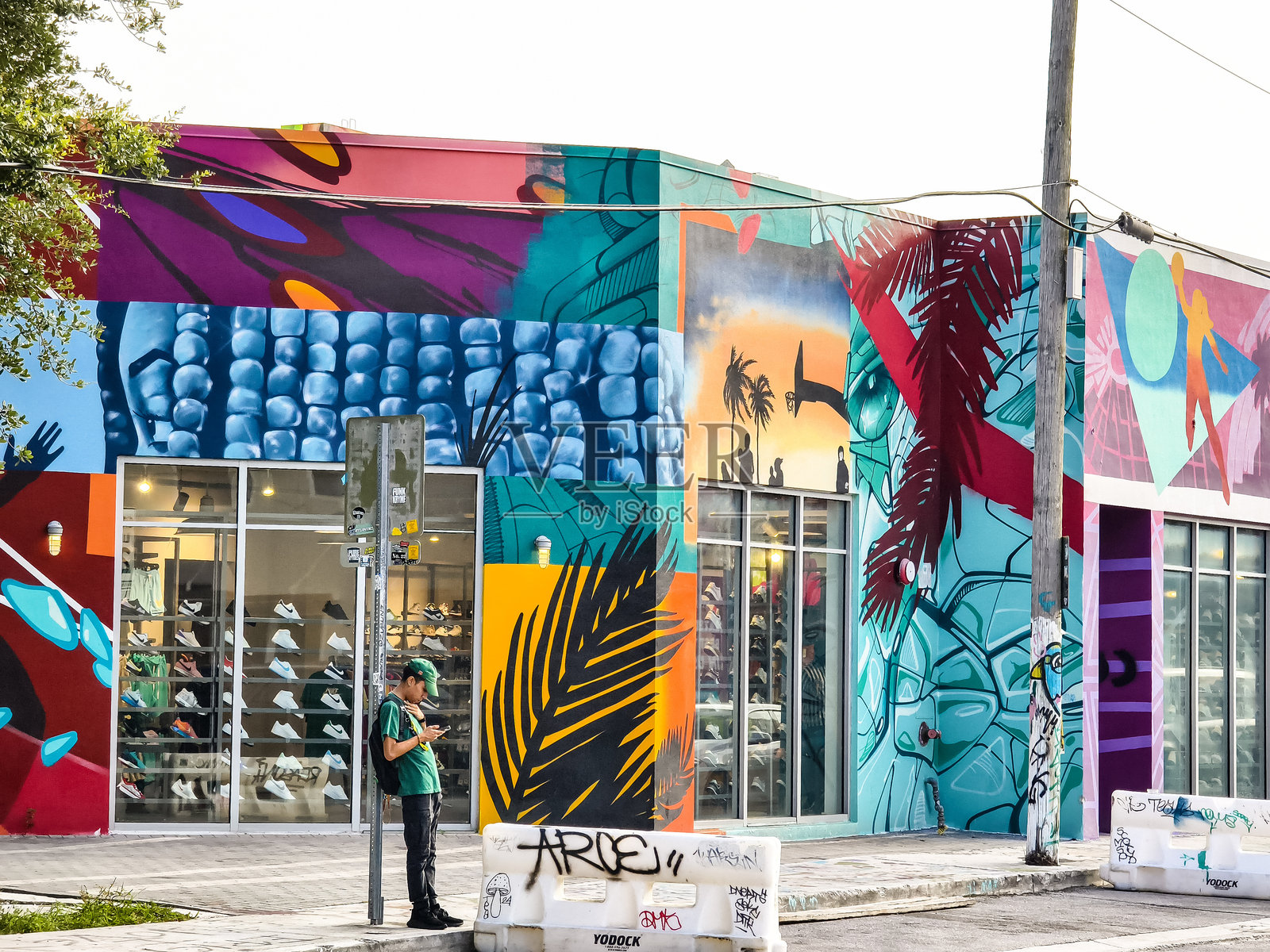 迈阿密，佛罗里达州——在温伍德区的一家鞋店里，明亮而充满活力的街头艺术壁画。照片摄影图片
