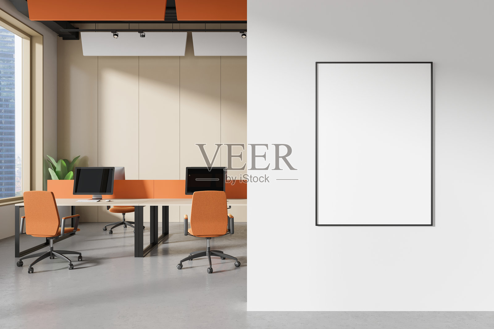 彩色办公室室内，有共同工作空间和窗户。模型框架照片摄影图片