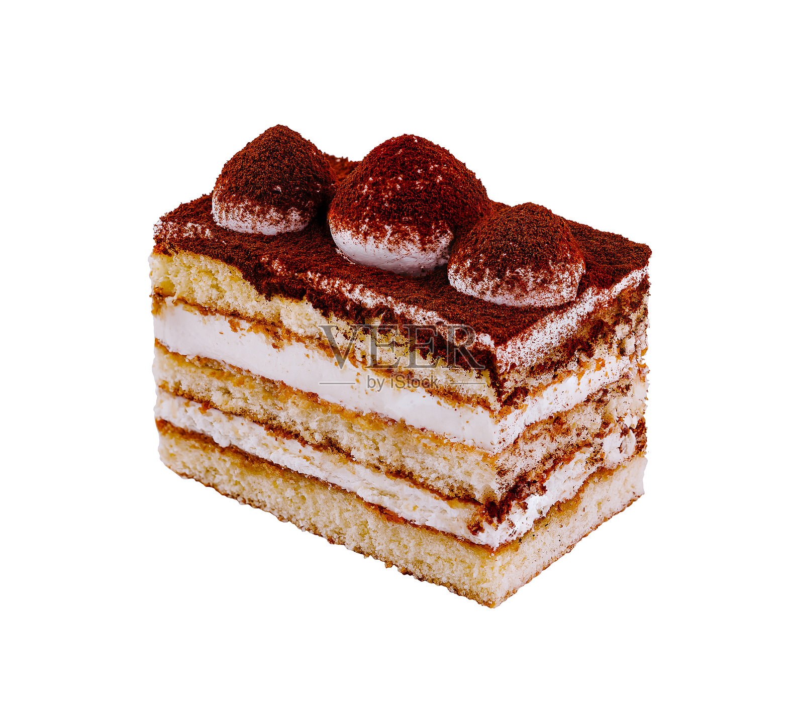 美味的提拉米苏蛋糕，白色背景的可可粉照片摄影图片