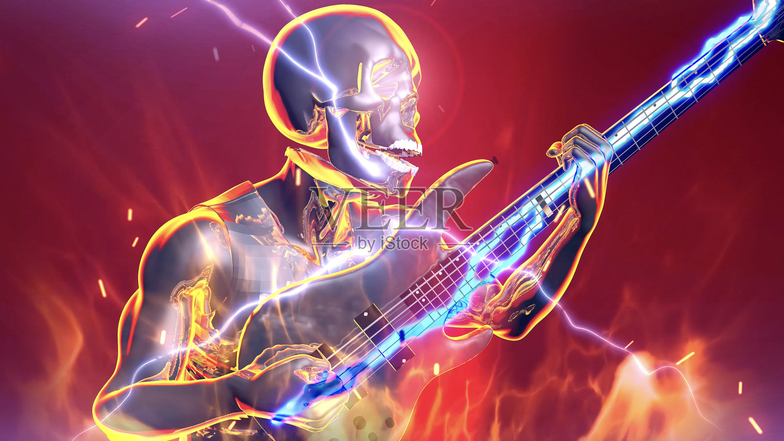 骷髅摇滚明星在地狱里唱重金属照片摄影图片