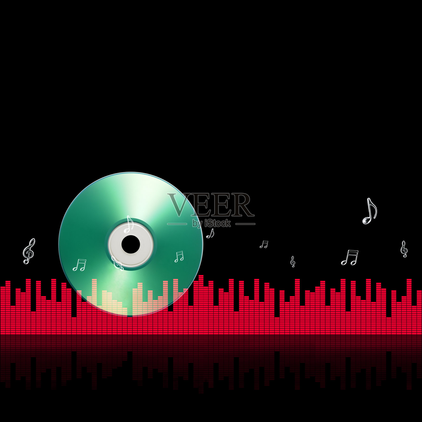 空白音乐CD与红色声波图形均衡器酒吧和飞行的音符照片摄影图片