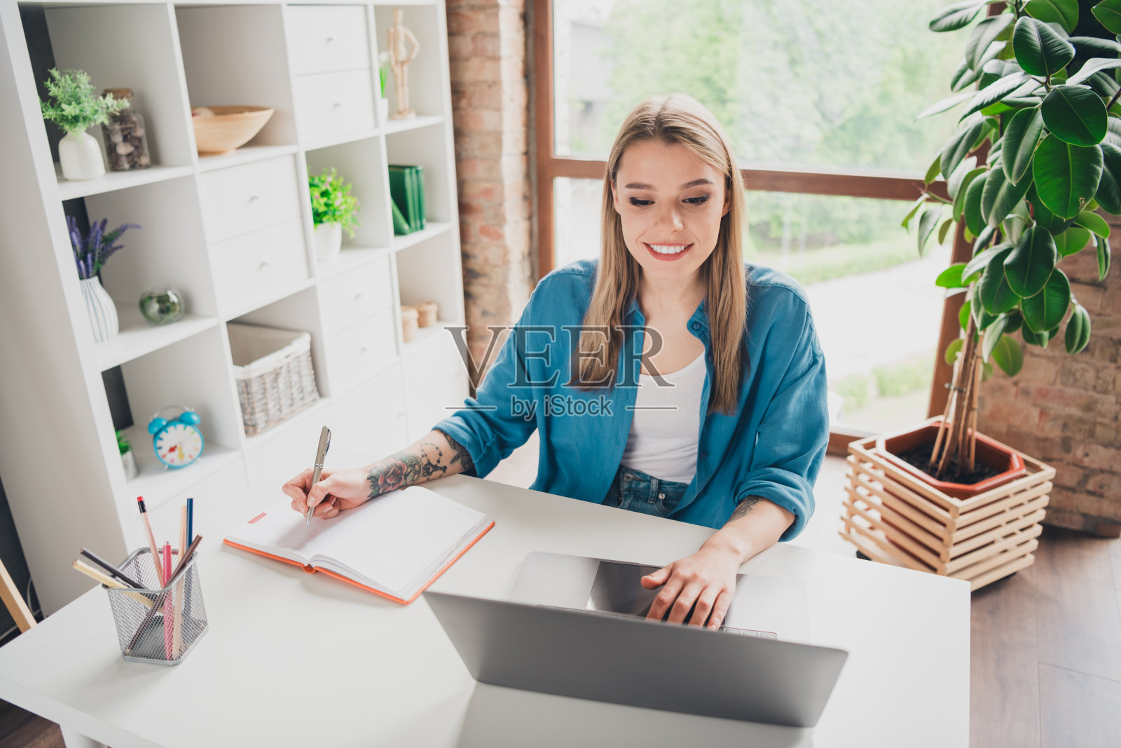 照片中的年轻快乐的女士坐在她的工作场所，带着笔记本电脑，远程在线课程，写笔记，抄写本，在客厅阁楼的室内照片摄影图片