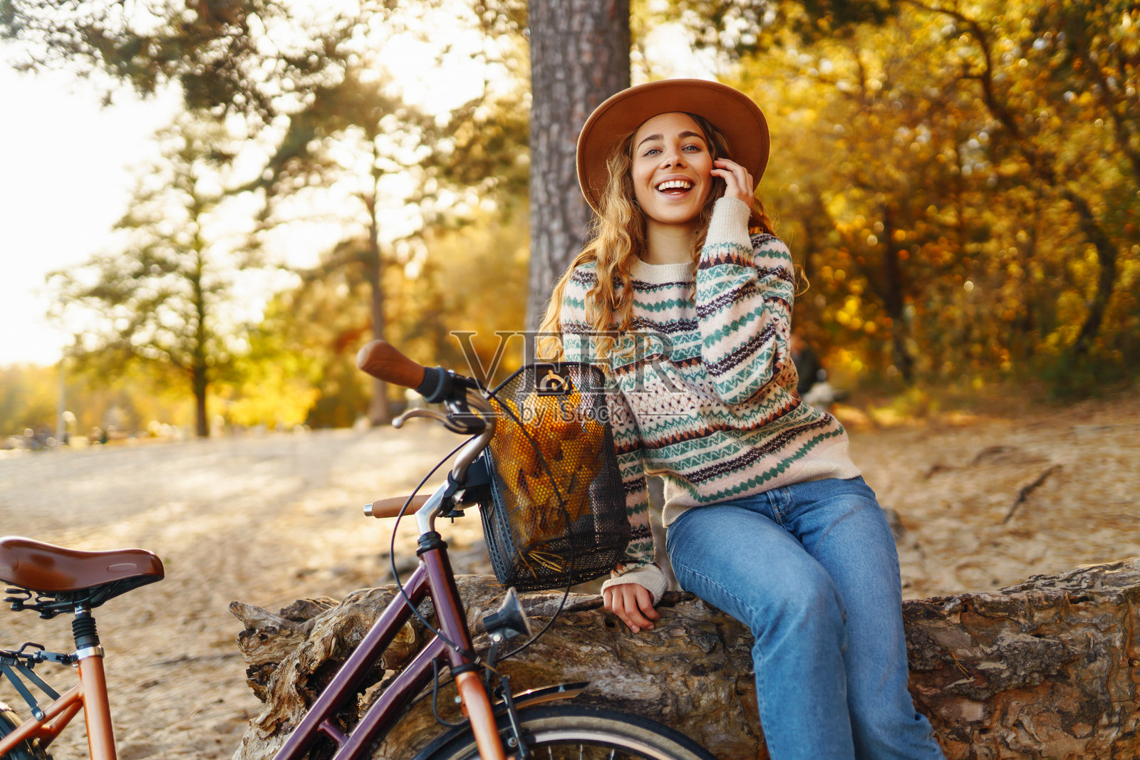 一个年轻的女子在阳光明媚的秋日里骑着自行车穿过一片布满了五颜六色的落叶的森林。照片摄影图片