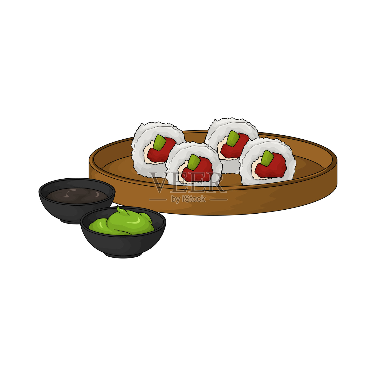 寿司配酱油和芥末插画图片素材
