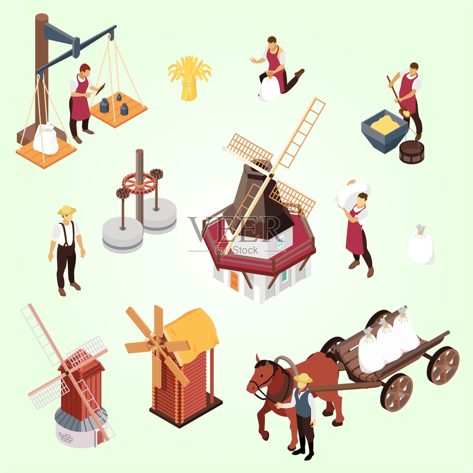 等距风车颜色集与孤立的人类特征的农业工人和图标的工厂设施矢量插图插画图片素材
