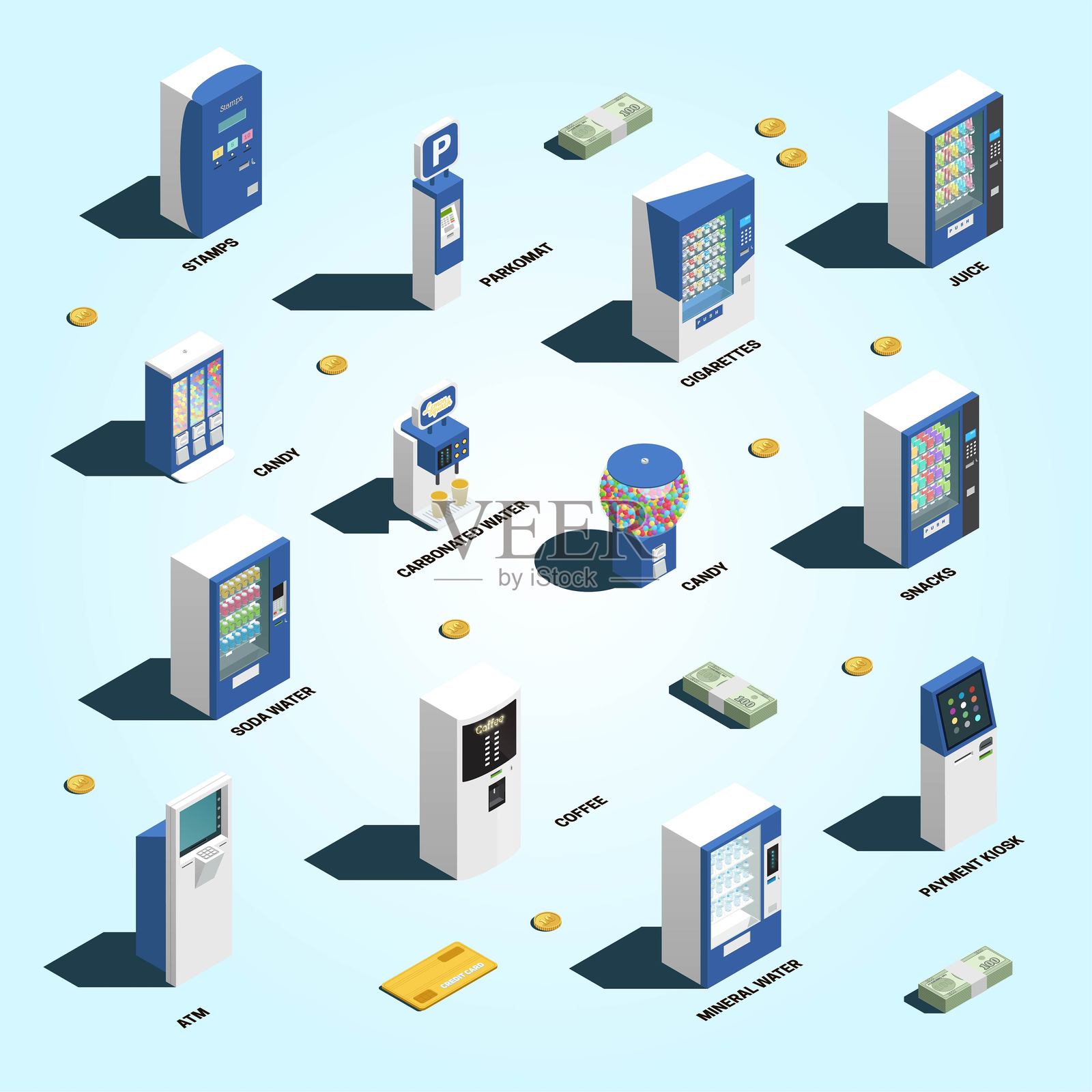 自动售货机等距流程图与食品和停车机插画图片素材