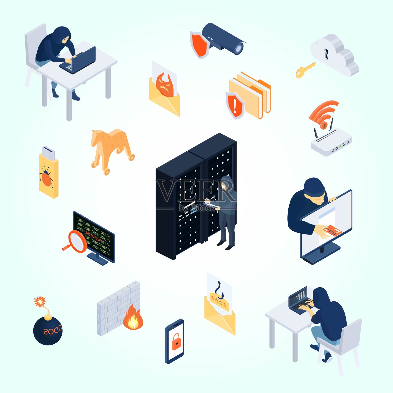 黑客等距元素集插画图片素材