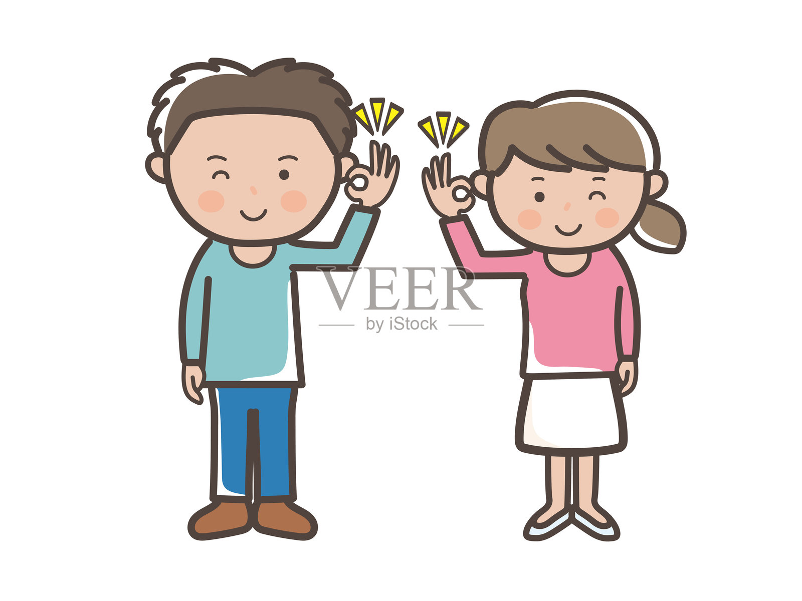 一对年轻夫妇的全身插图，给出一个OK的理解手势插画图片素材