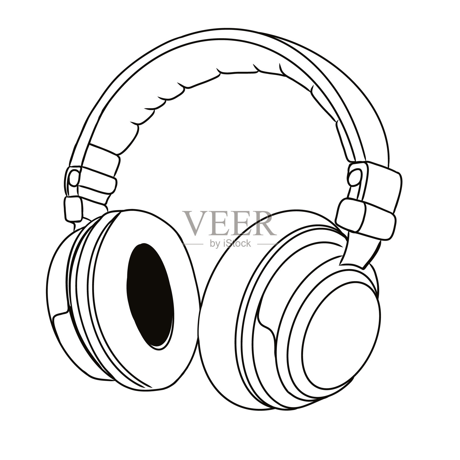 手绘耳机矢量插图孤立的背景为t恤，徽章，标志，徽章设计。用于收听和录制声音和播客的设备。素描风格的单色绘画插画图片素材