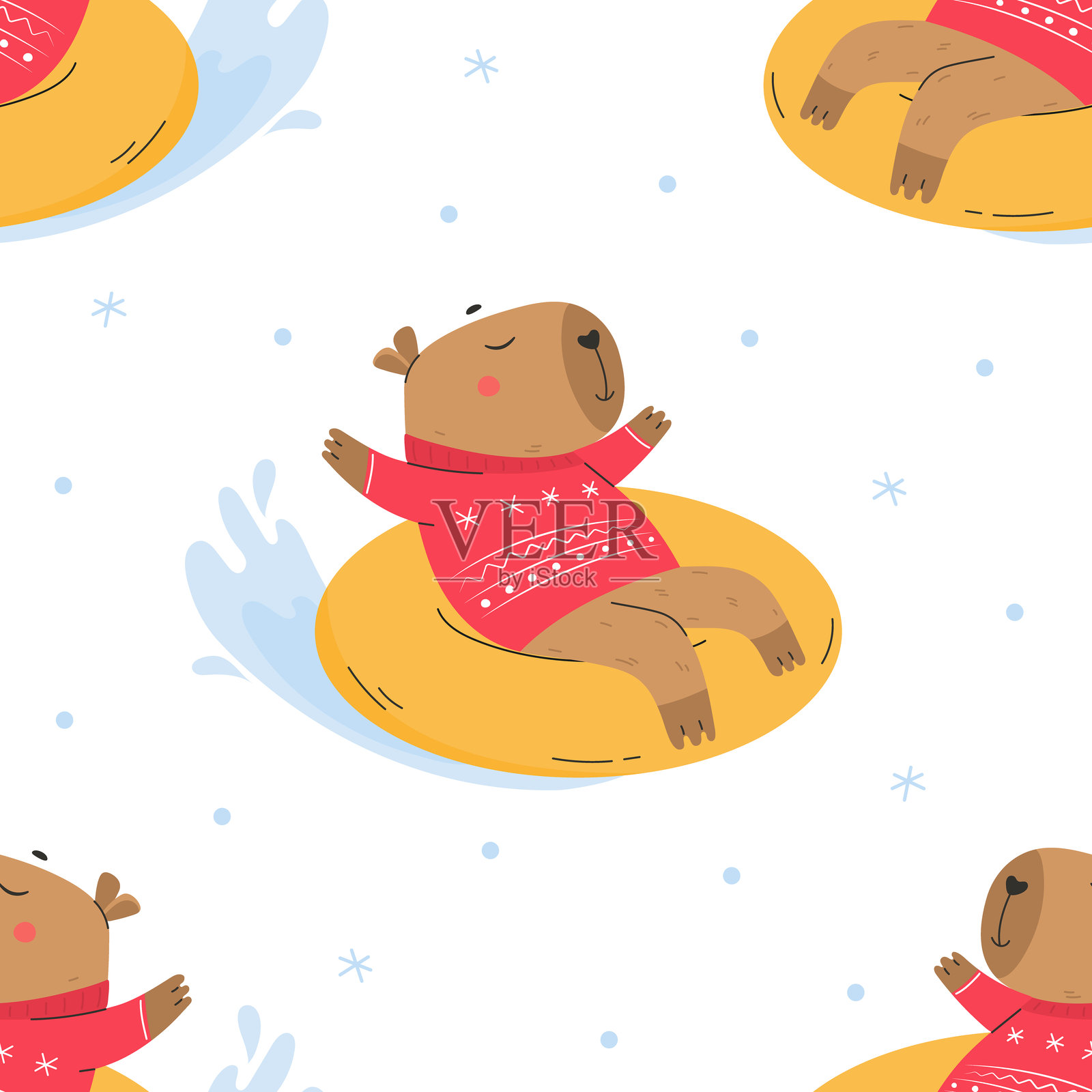 无缝图案与可爱的水豚在温暖的毛衣雪管户外在冬天。有趣的动物角色玩得很开心。寒假活动。矢量图插画图片素材