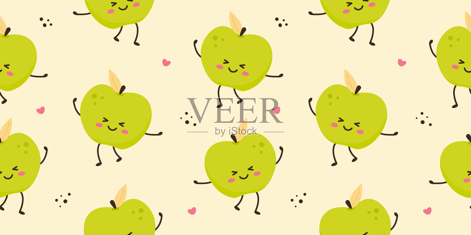 有趣的绿苹果字符无缝图案。矢量幼稚的背景与可爱的微笑水果在简单的手绘风格。卡哇伊的脸。用于包装，织物，纺织品，绘制标签和墙纸插画图片素材