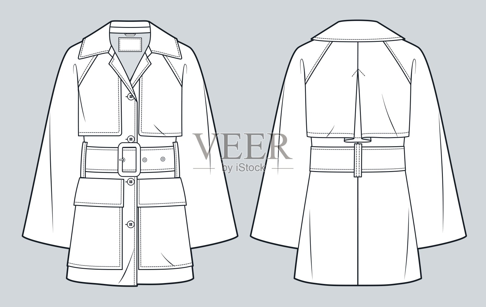 风衣技术时尚插画。束腰大衣时尚平面技术图纸模板，钮扣，口袋，挎带袖，轻松合身，前后视图，白色，女，男，男女通用的CAD模型。插画图片素材