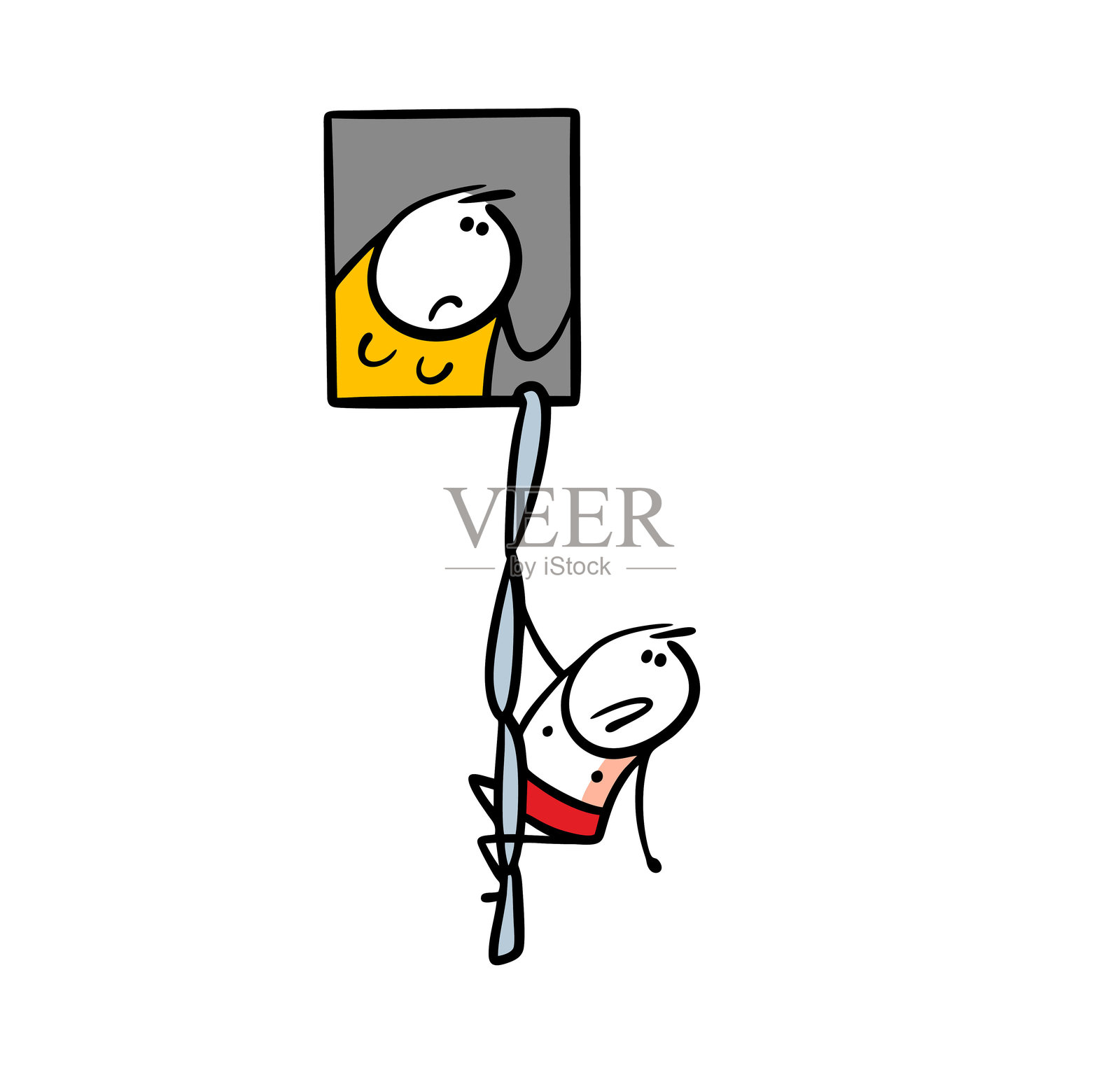 女人向窗外望去，一个穿着内裤的男人顺着一根被单绳走了下来。矢量插图通奸和不忠。这对夫妻真是丢人。插画图片素材