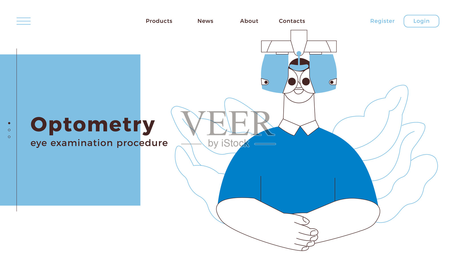 验光。视力测试和处方眼镜。用自动数码相机进行视力检查。黑白现代平面矢量插图。登陆页面设计模板。网站横幅。插画图片素材