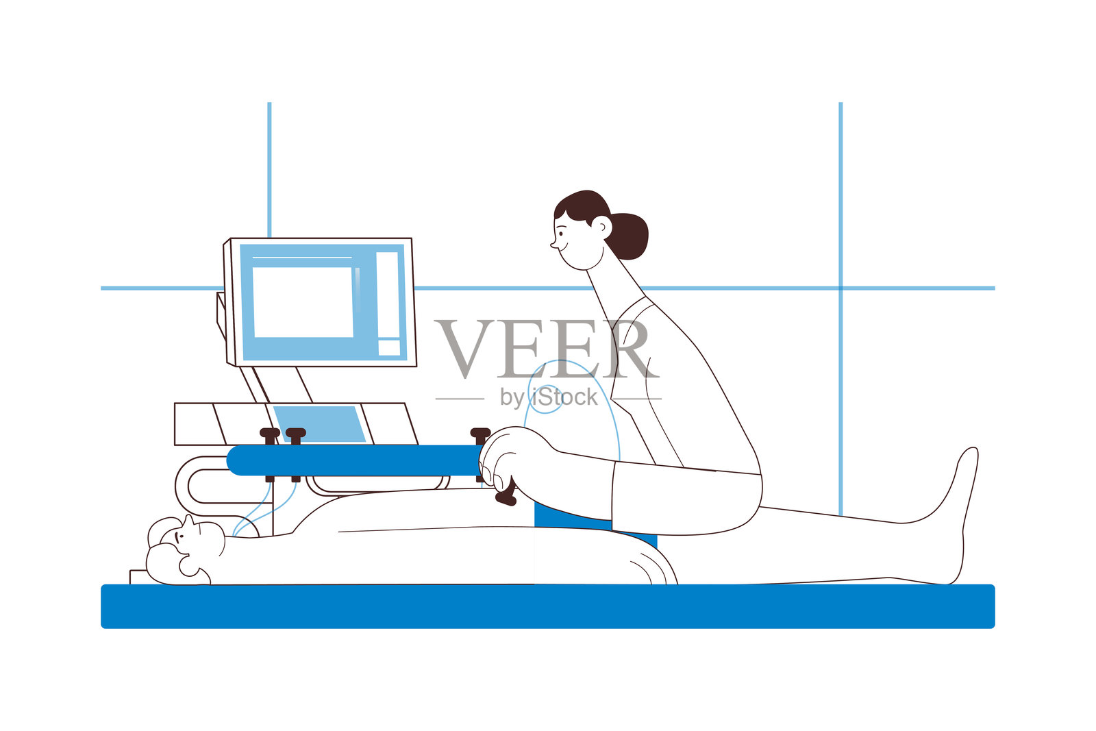 超声过程。女专科医生在医务室或化验室用扫描仪检查男病人。黑白现代平面矢量概念插图。插画图片素材