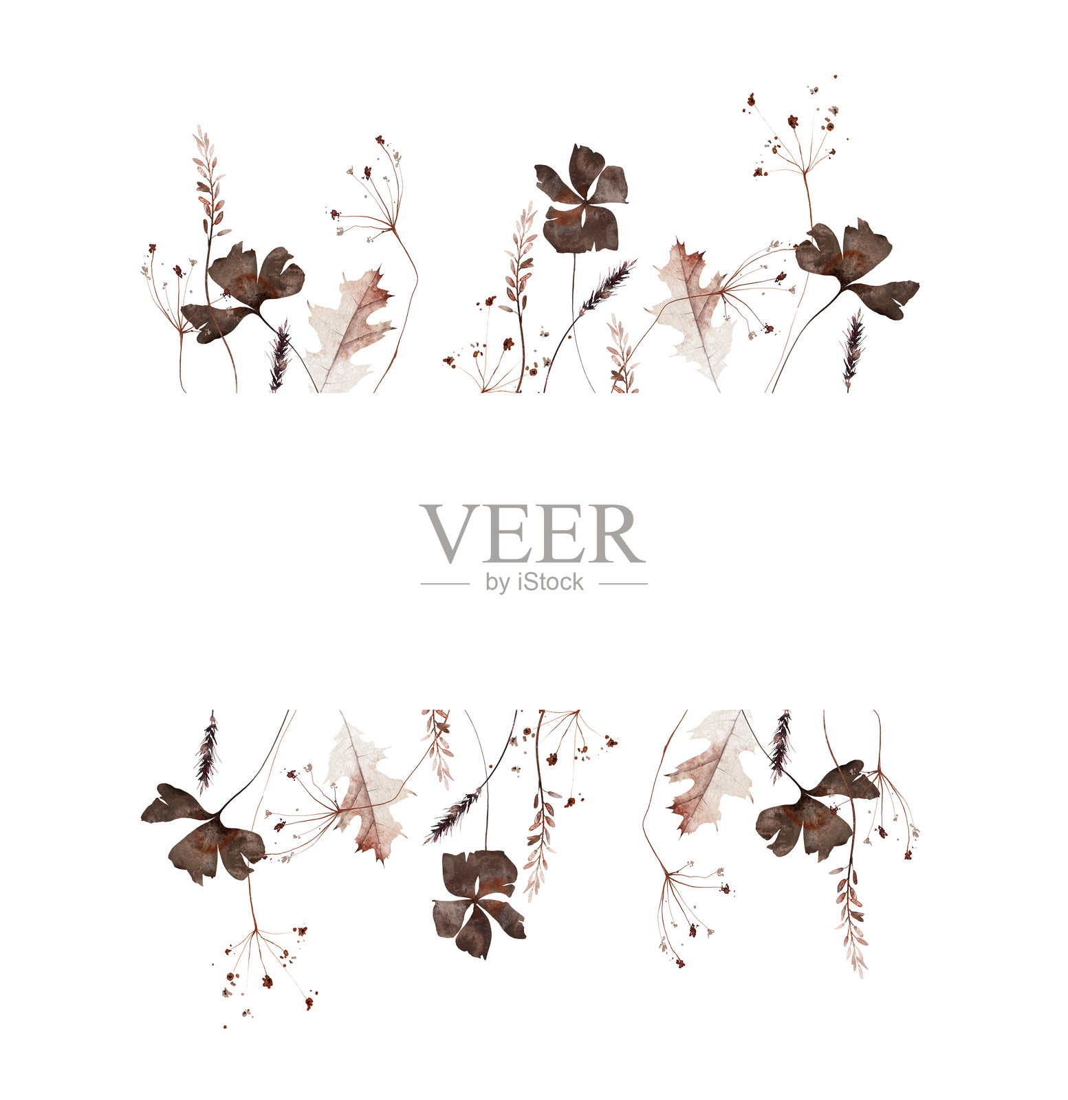 水彩秋天花矩形框架。褐色、灰色、米色、橙色的秋叶、野花、树枝、草地上的细枝插画图片素材