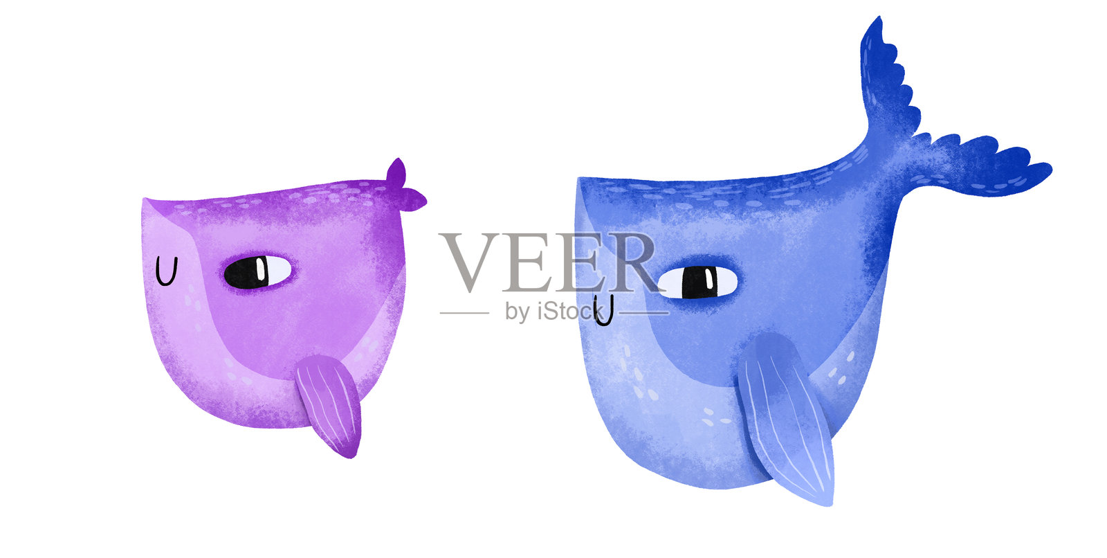 可爱的彩色鲸鱼。卡通水下世界和海底。海居民。手绘插图在孤立的背景插画图片素材