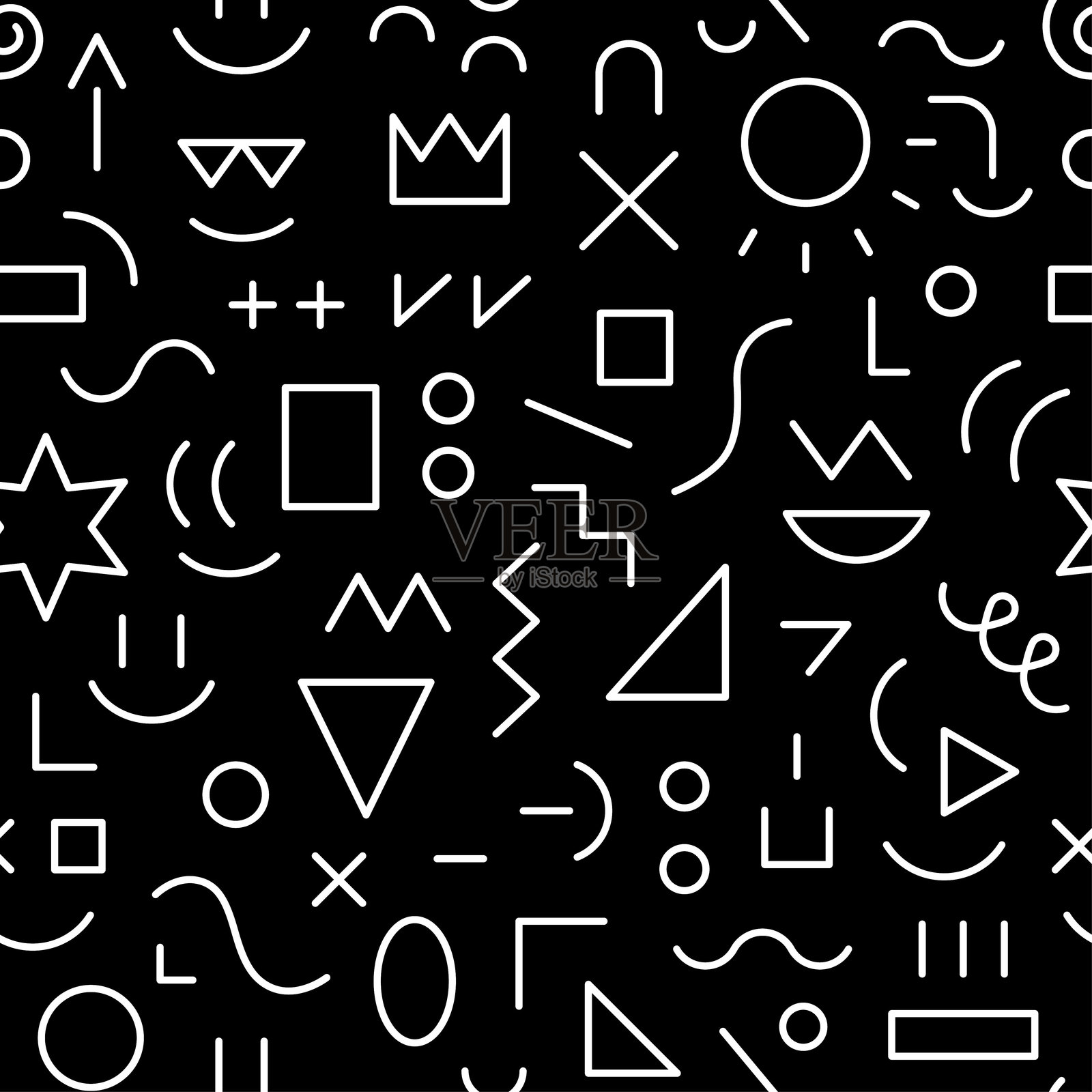 创意儿童教育过程抽象无缝图案与线条符号有趣的面孔和几何形状插画图片素材
