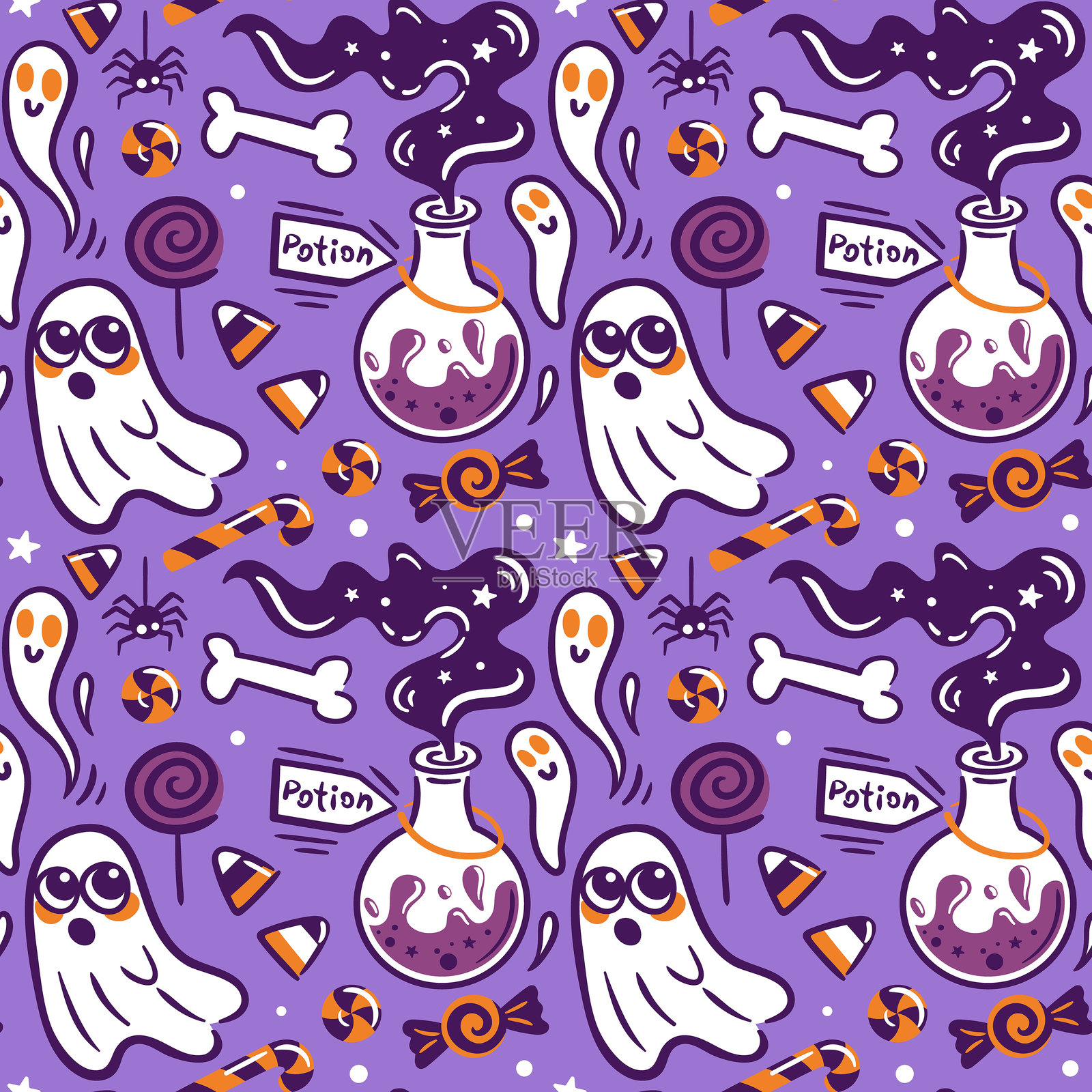 幽灵万圣节图案，鬼怪，蝙蝠和各种各样的糖果。复古可爱的插图。无缝图案墙纸，织物，包装，背景。插画图片素材