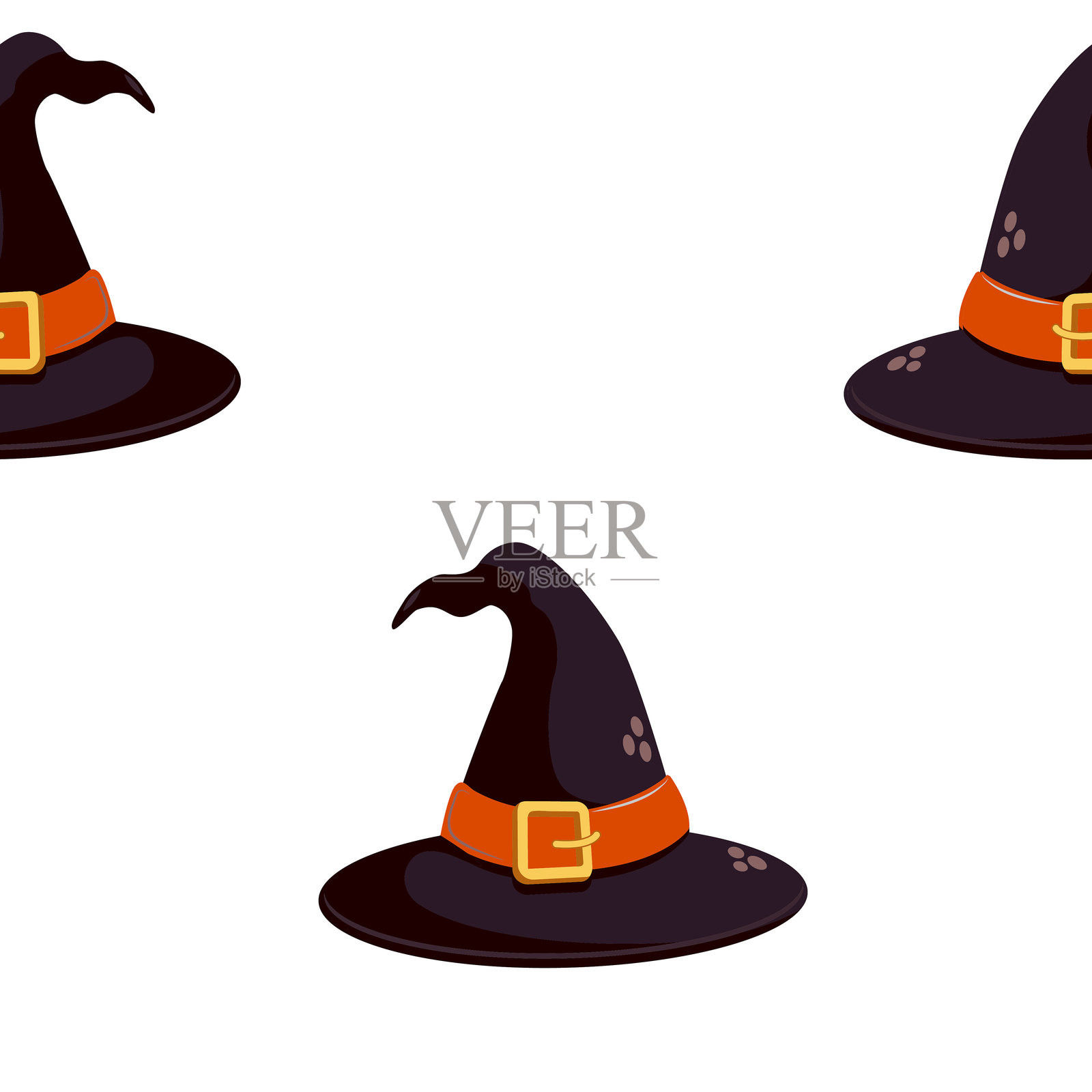 万圣节无缝图案与黑色女巫帽具有金色扣在白色背景插画图片素材