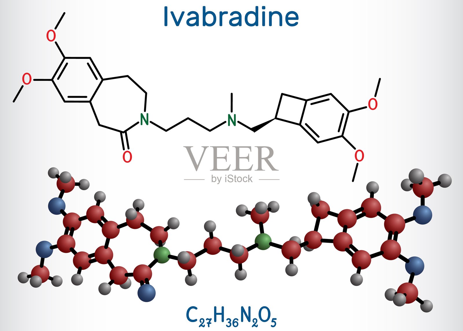 Ivabradine分子。是治疗心绞痛的药。结构化学式和分子模型。向量插画图片素材
