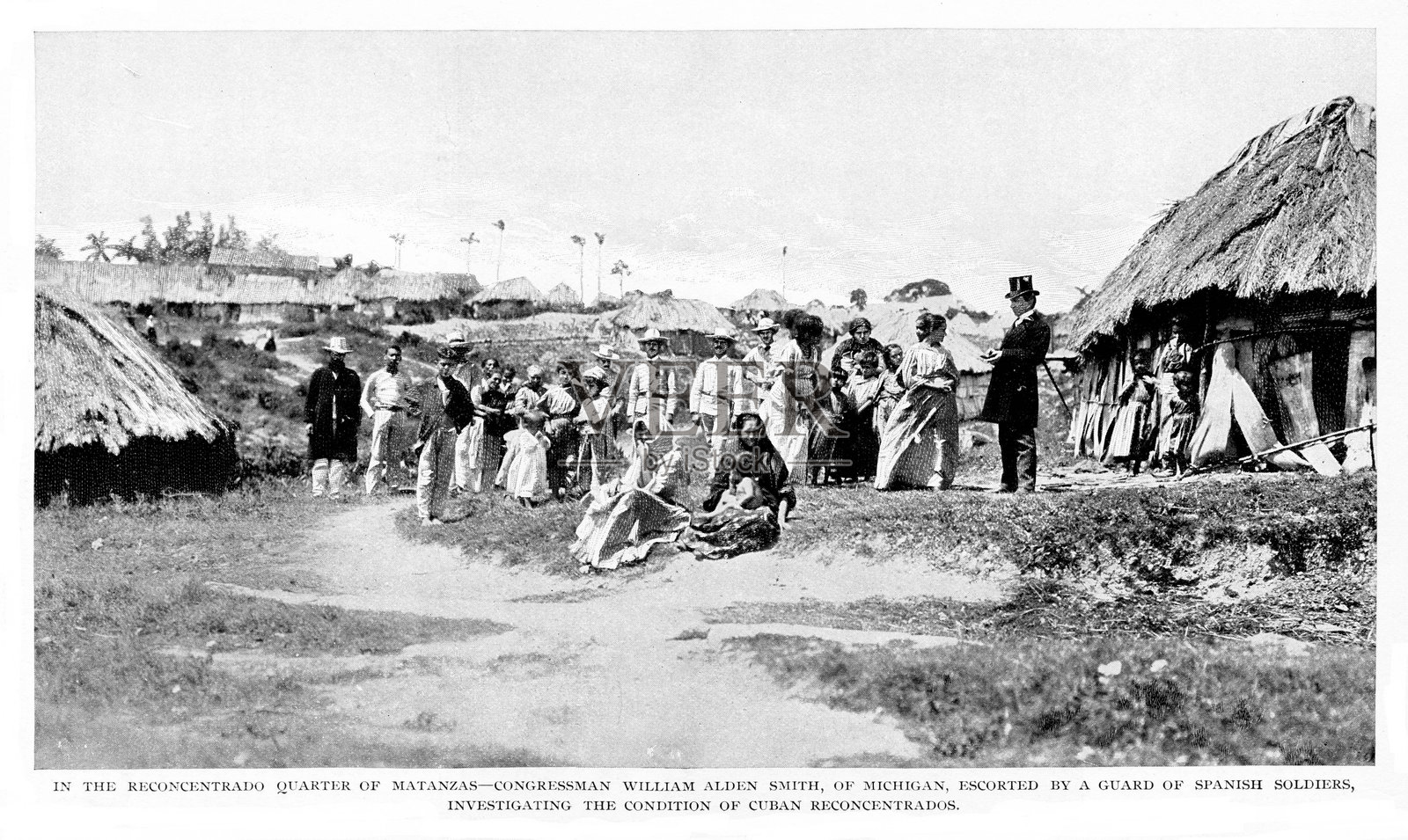 美国国会议员访问古巴马坦萨斯流离失所的平民，美西战争，19世纪世界史插画图片素材