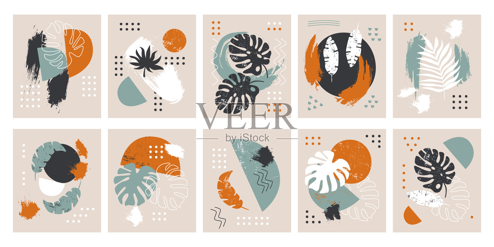 一套卡片与装饰花卉设计元素和垃圾几何纹理柔和的颜色插画图片素材