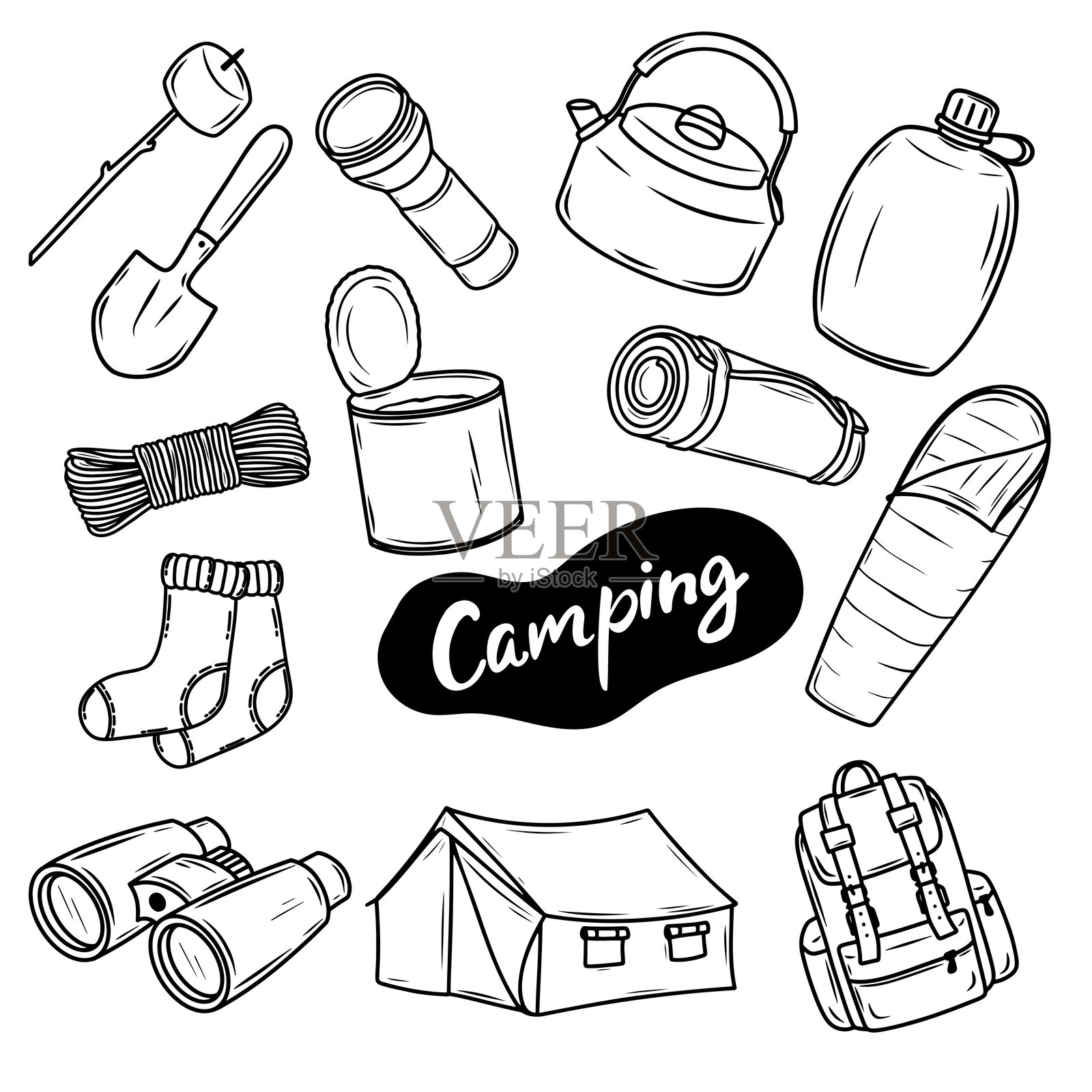 露营和徒步旅行设备矢量大纲集。双筒望远镜，烧烤，灯笼，鞋子，帐篷，吉他，罐头食品。露营装备和配件。露营，户外徒步旅行图标集插画图片素材