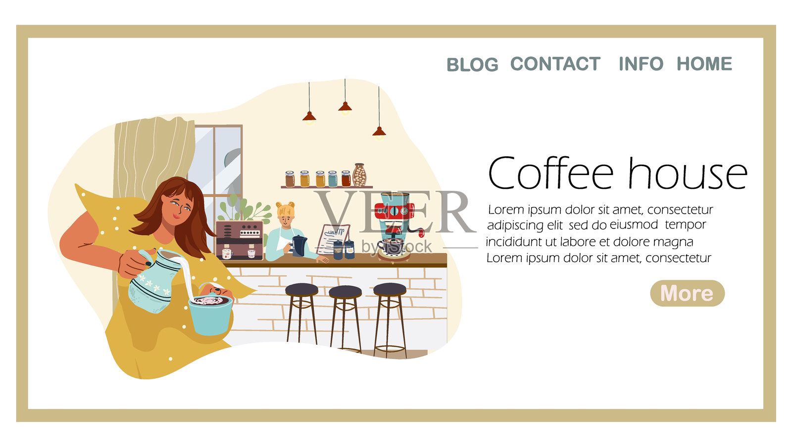 登陆页咖啡屋，茶杯，马克杯。穿裙子的女孩往咖啡里倒牛奶，加奶精，女孩的性格，可爱，咖啡馆里，吧台。手绘矢量插图。插画图片素材