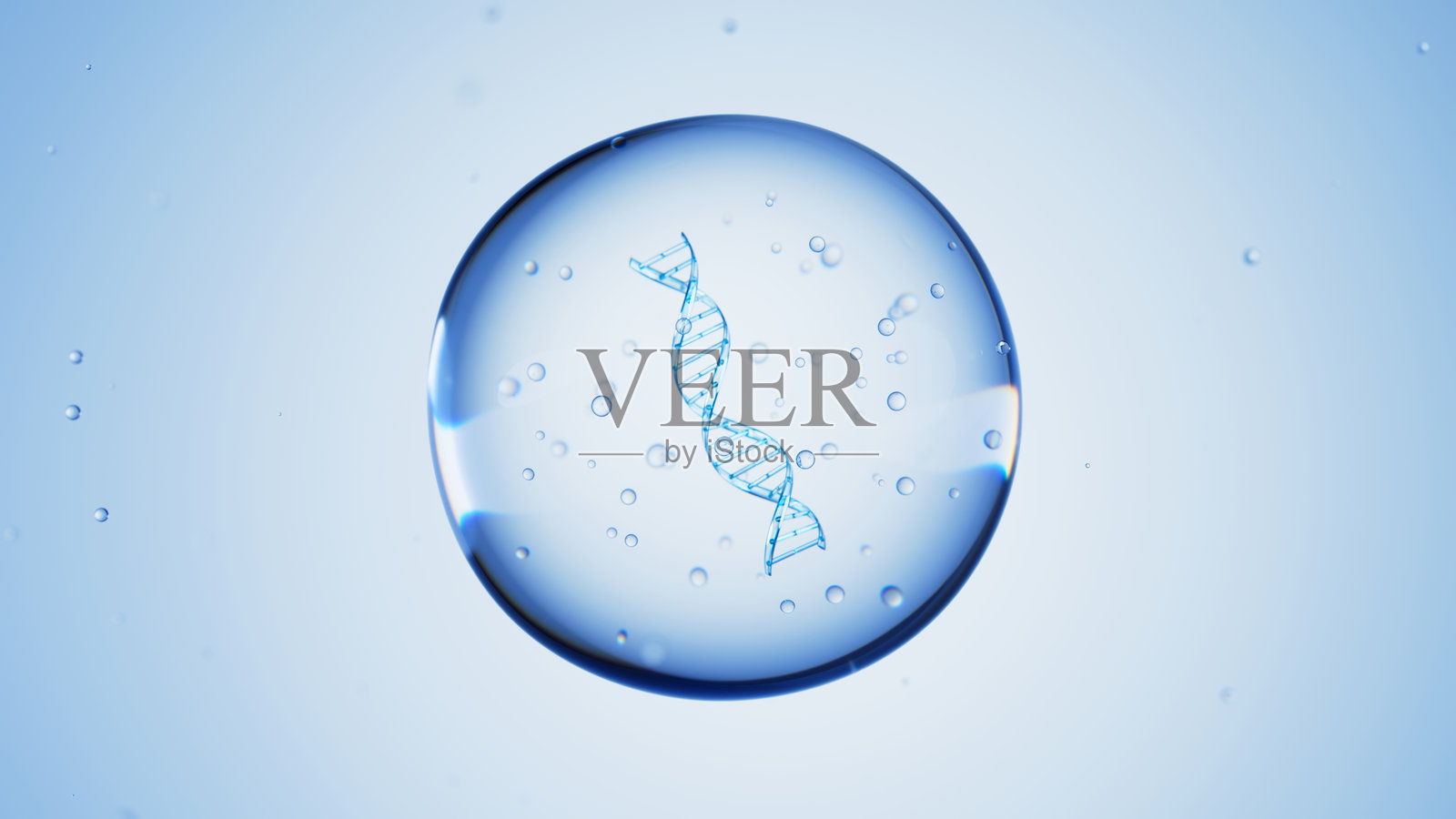 蓝色背景下细胞内的DNA双螺旋链。科学与生物技术概念。3d渲染图照片摄影图片