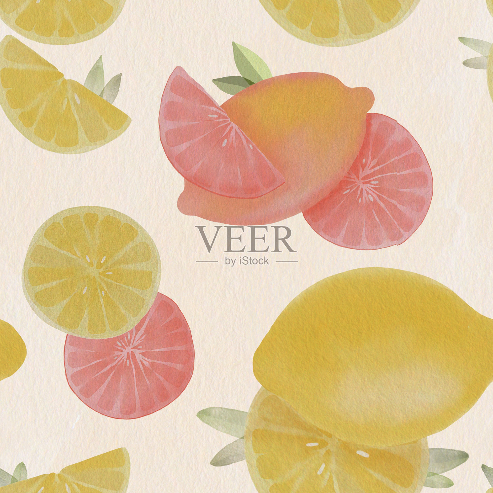 柑橘片与柠檬和葡萄柚的无缝图案，为夏季设计插画图片素材