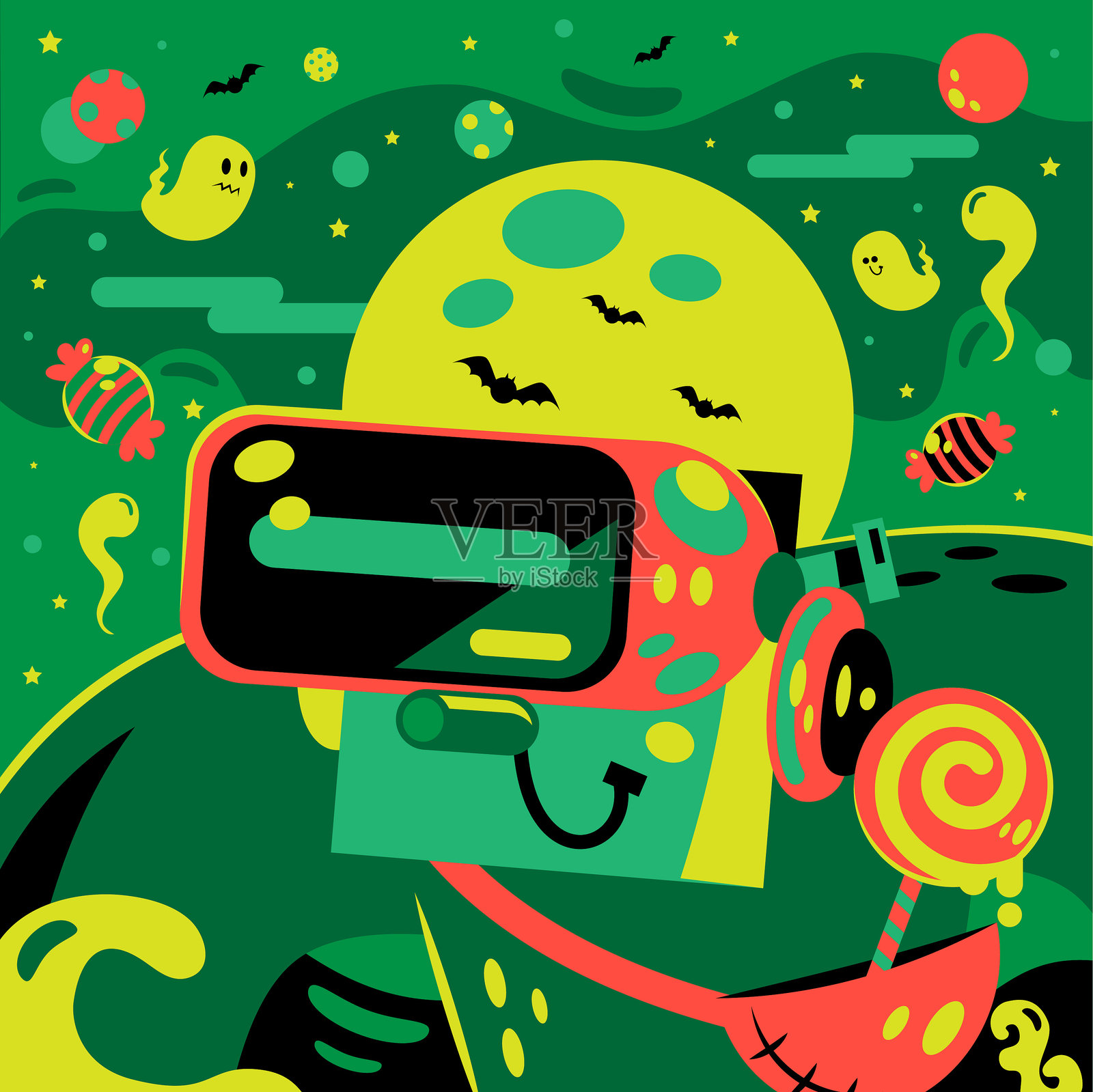 弗兰肯斯坦戴着虚拟现实耳机或VR眼镜进入虚拟世界，享受着以满月、蝙蝠、鬼魂等万圣节为背景的虚拟万圣节派对插画图片素材