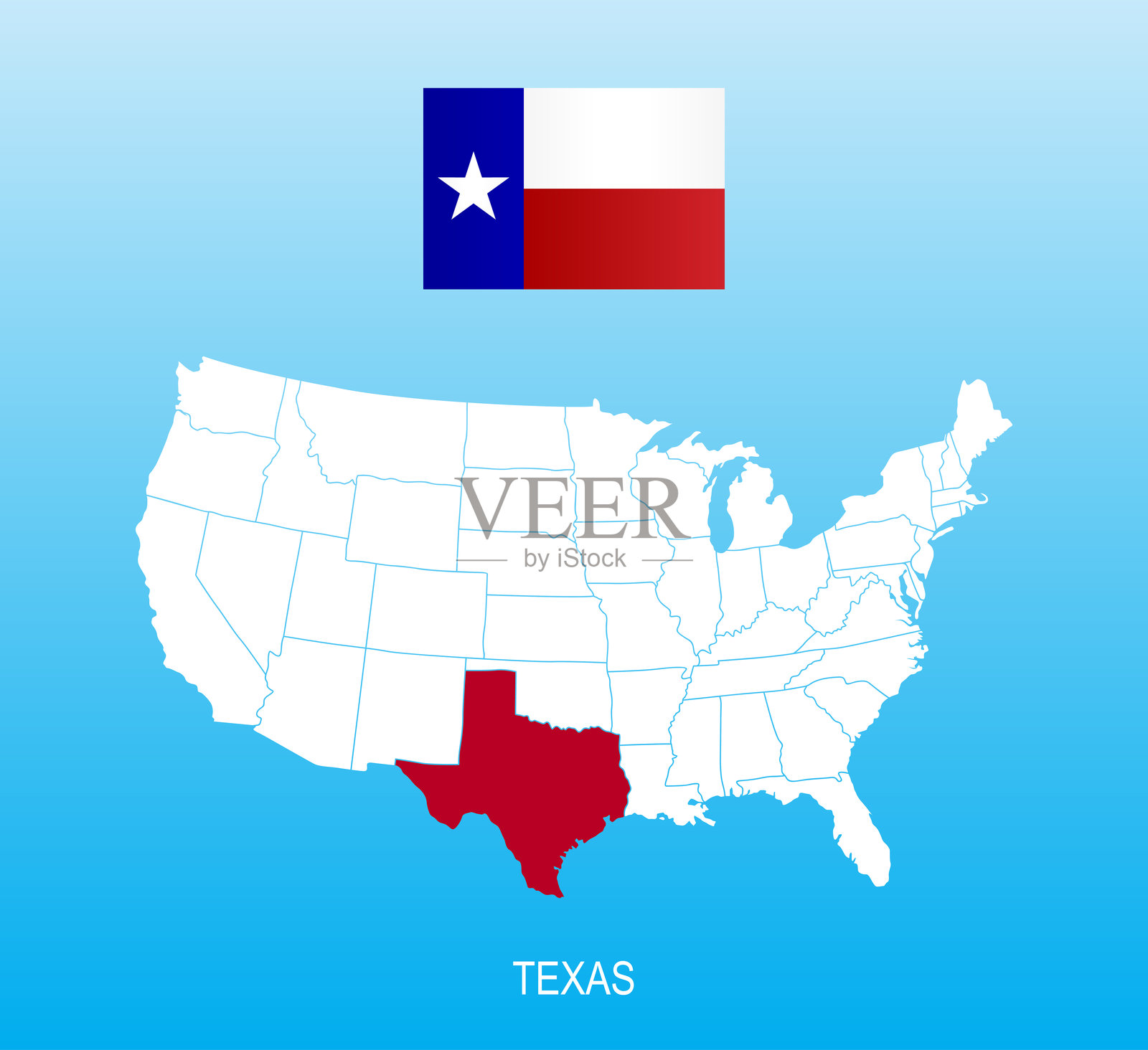 德克萨斯州的旗帜和美国地图上的位置插画图片素材