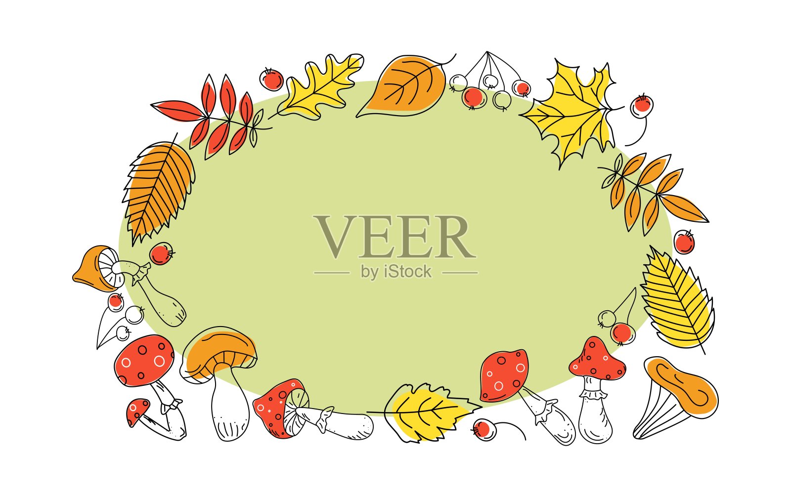 秋天的框架，边叶，蘑菇和浆果。木耳飞、龙花枝飞、枫叶飞、涂鸦、素描。黑色和白色矢量插图上的颜色点。背景白色孤立。插画图片素材