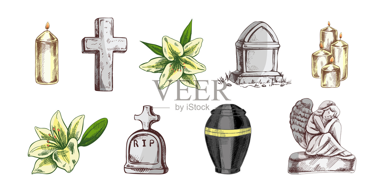 手绘丧礼套装。矢量插图。哀悼、损失、死亡、丧亲和墓地的属性和符号。插画图片素材
