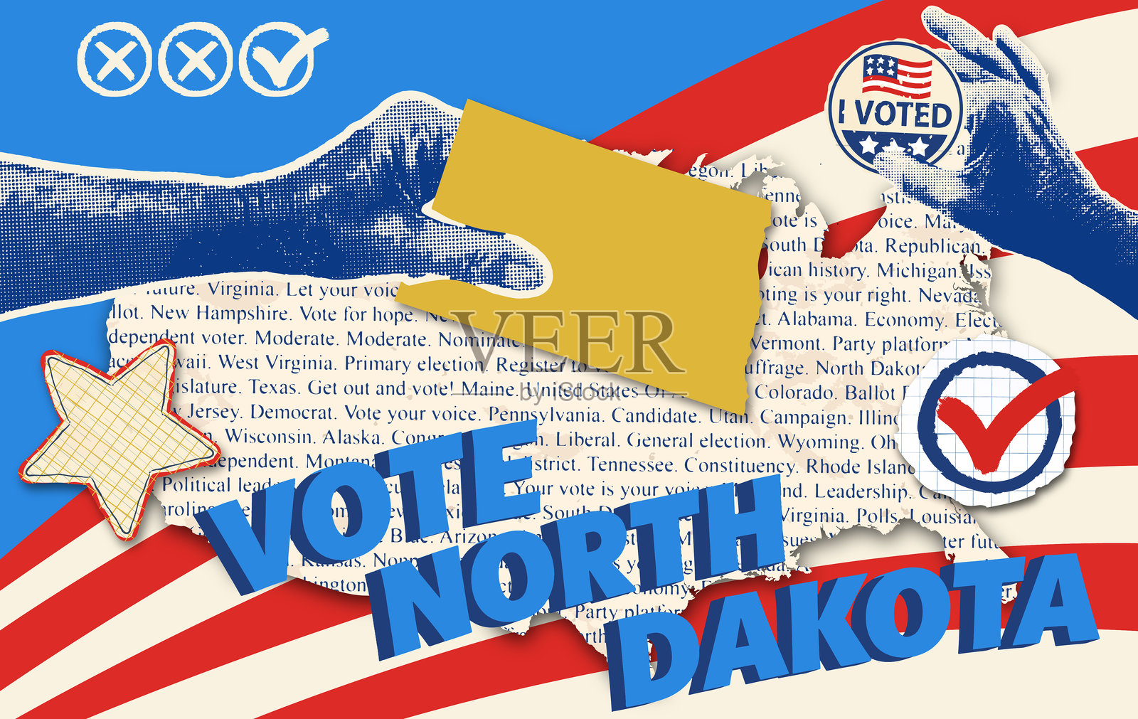 美国选举拼贴画与北达科他州的国家地图插画图片素材