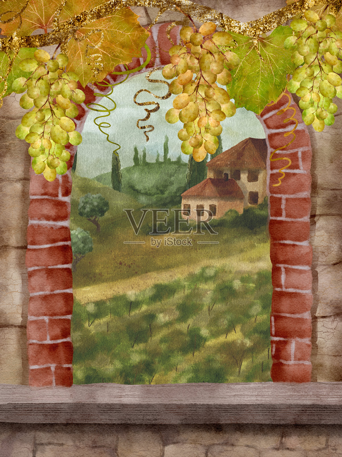 通过风景如画的拱形窗户，您可以看到迷人的葡萄园景色插画图片素材