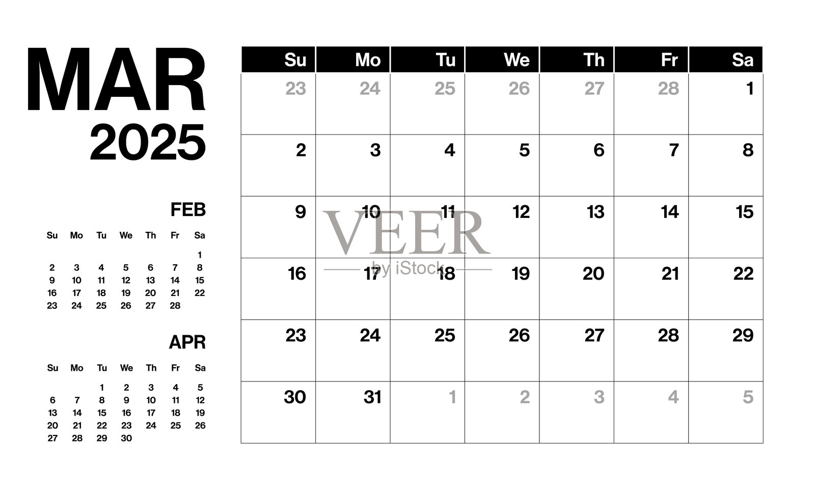 2025年3月日历计划-极简主义风格的企业景观水平日历2025年-矢量模板与复制空间-美国网格-一周开始于周日插画图片素材