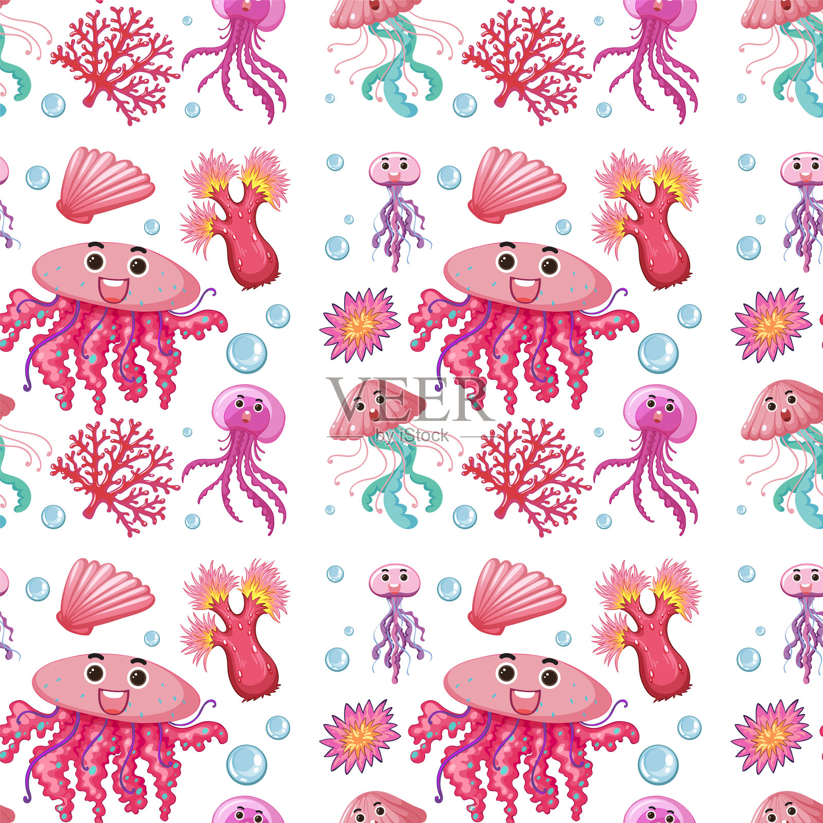 无缝图案与可爱的海洋生物和珊瑚插画图片素材