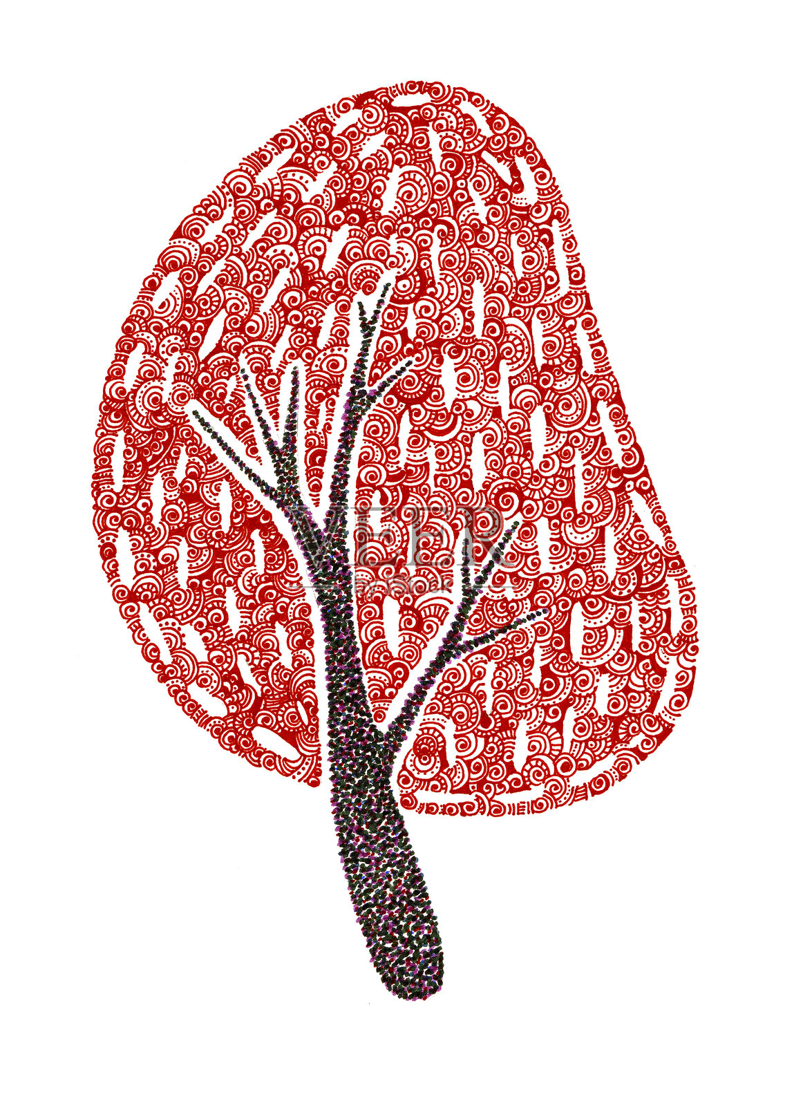 在白色背景上孤立的装饰树的插图。涂鸦。红色，黑色，灰色。插画图片素材