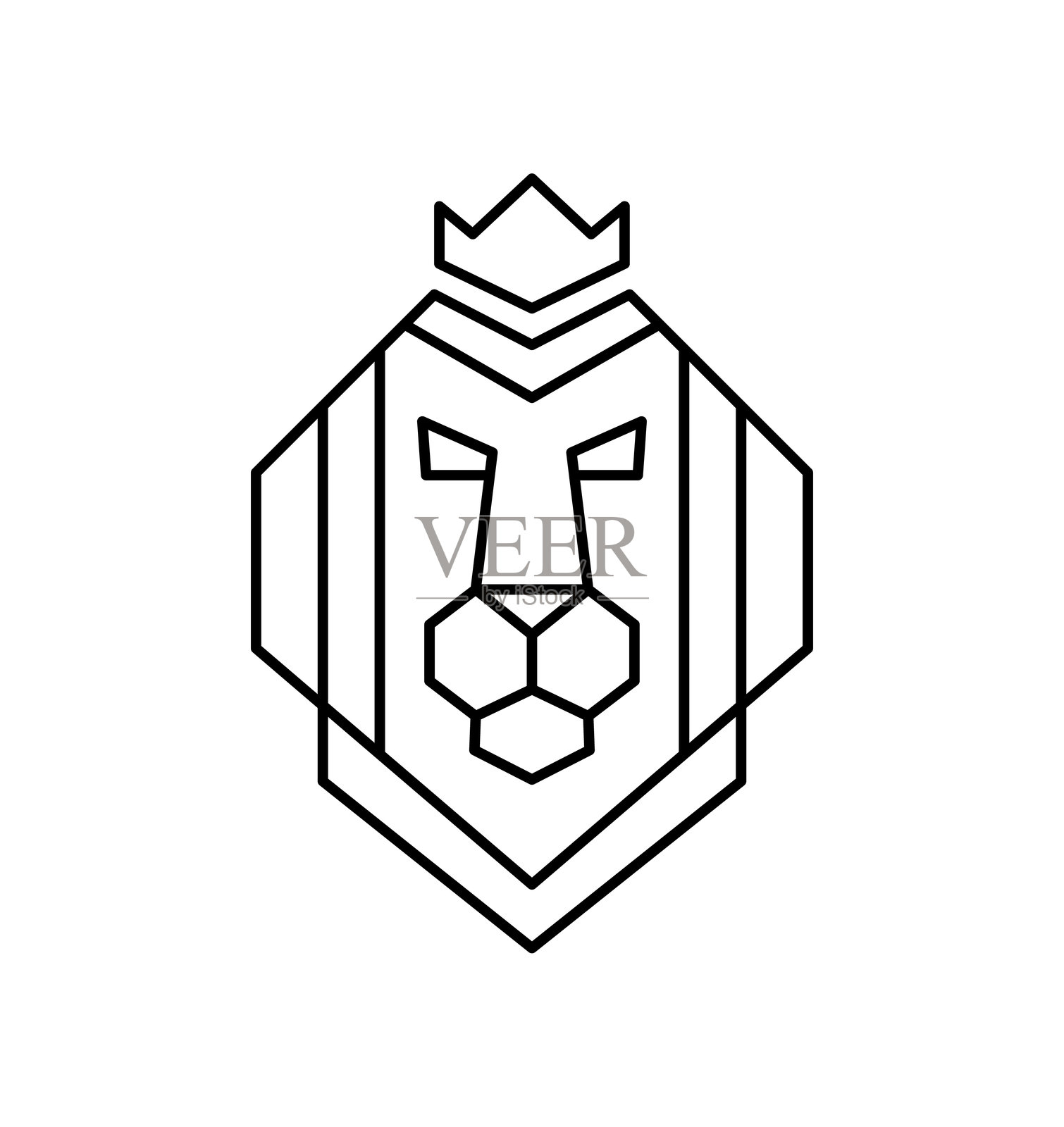 狮子标志与皇冠或现代线条图标。矢量线艺术设计与大胆的轮廓。黑白像素完美的极简主义符号隔离白色背景插画图片素材