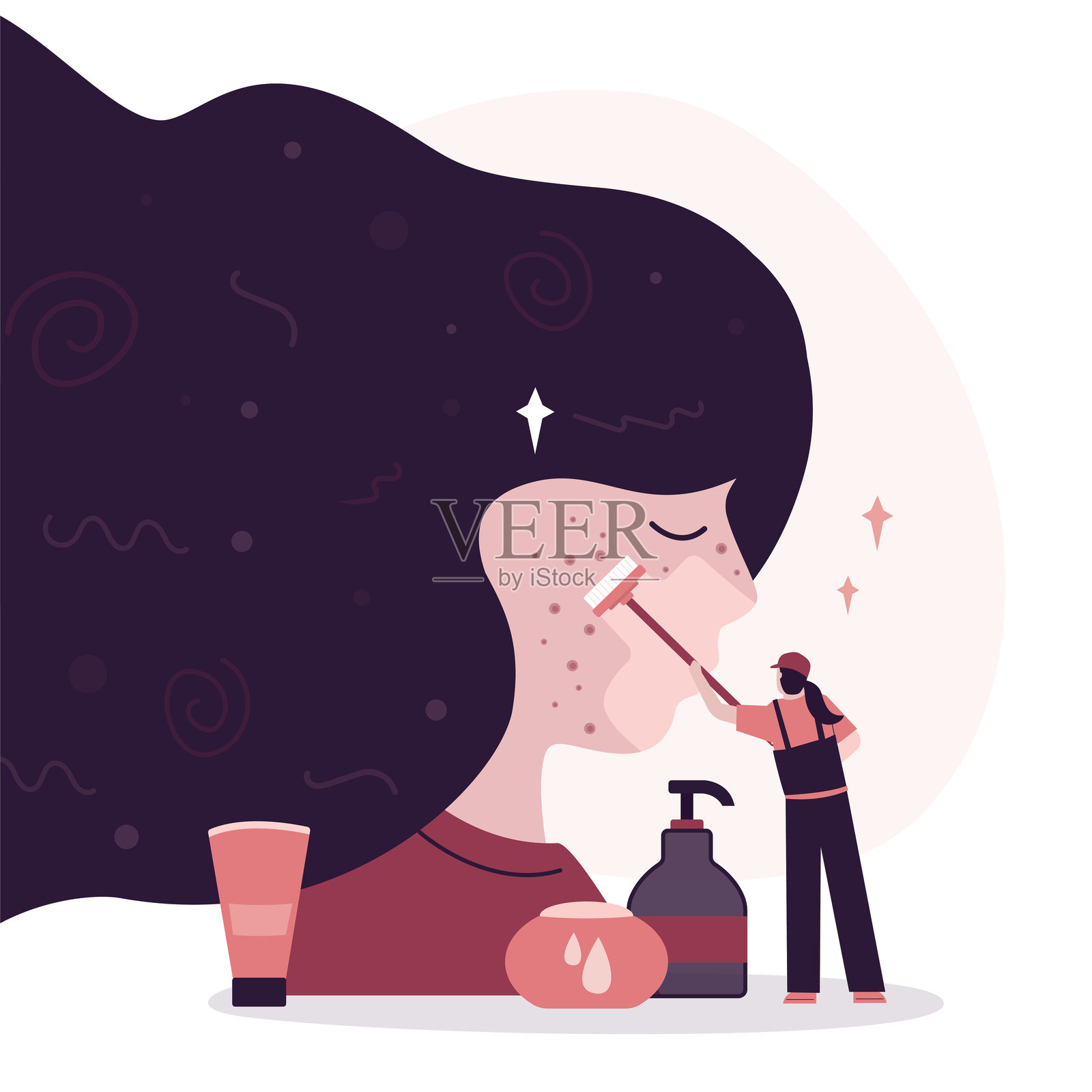 女美容师进行面部清洁程序或机械脱皮。女孩拜访美容师去去除皱纹或清除皮肤上的粉刺和丘疹。美容肌肤，治疗。插画图片素材