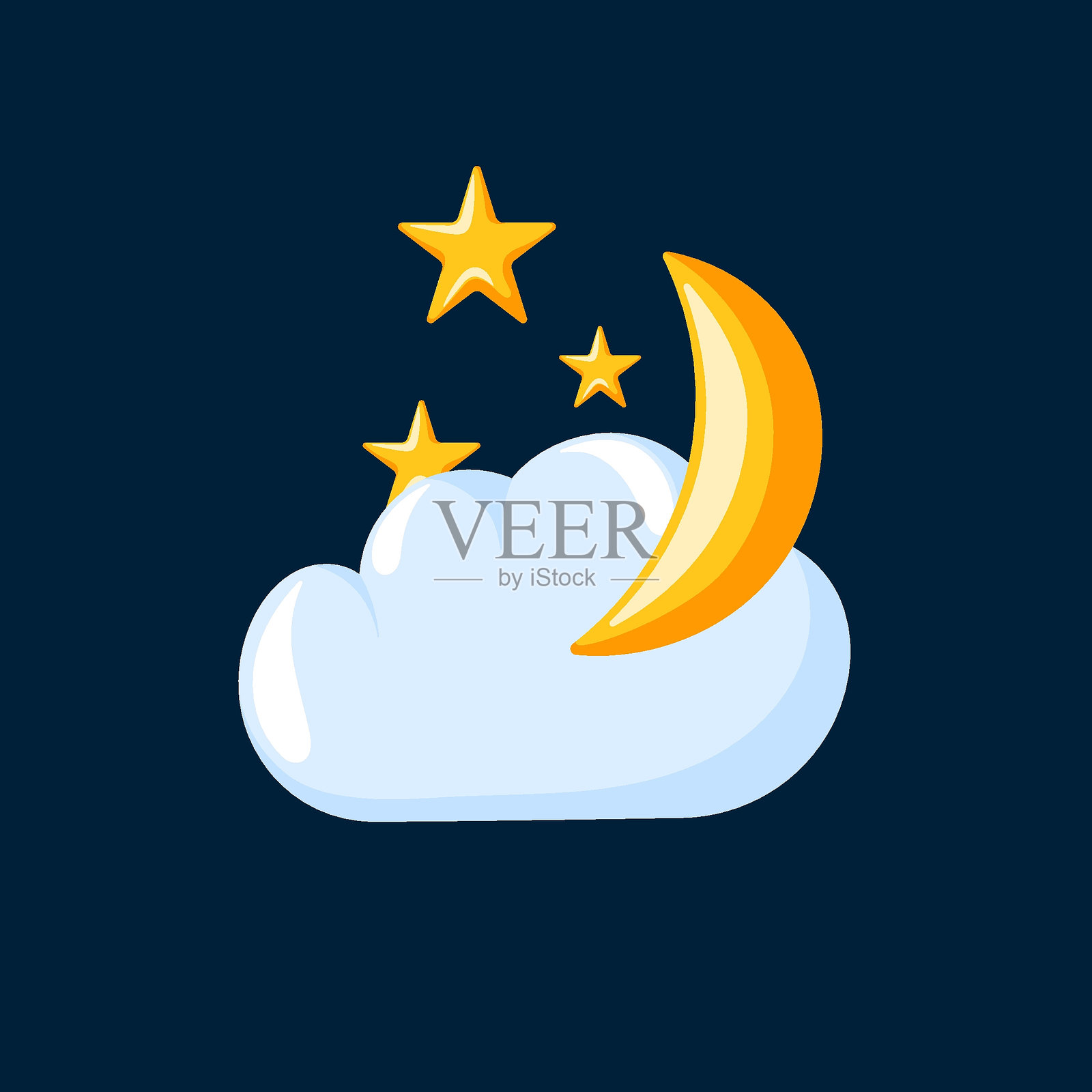 夜间天气图标与云，新月和闪亮的星星在卡通风格。设计天气预报，应用程序和夜间设计。插画图片素材