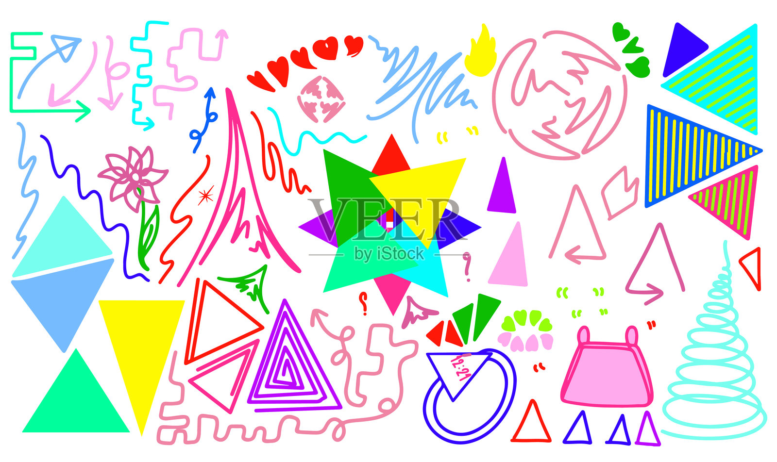 一套彩色手绘涂鸦插图在儿童风格。素描幼稚元素。插画图片素材