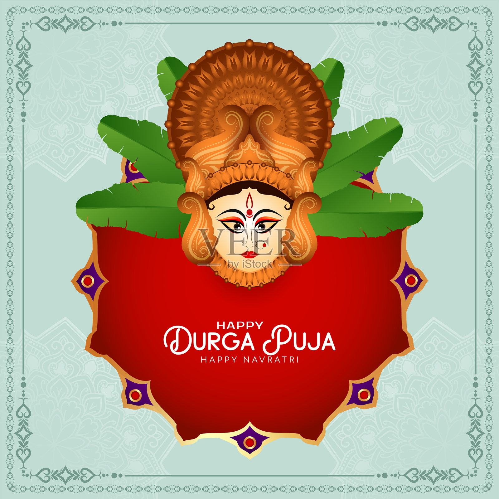 快乐Navratri和Durga puja节日庆祝卡片设计插画图片素材