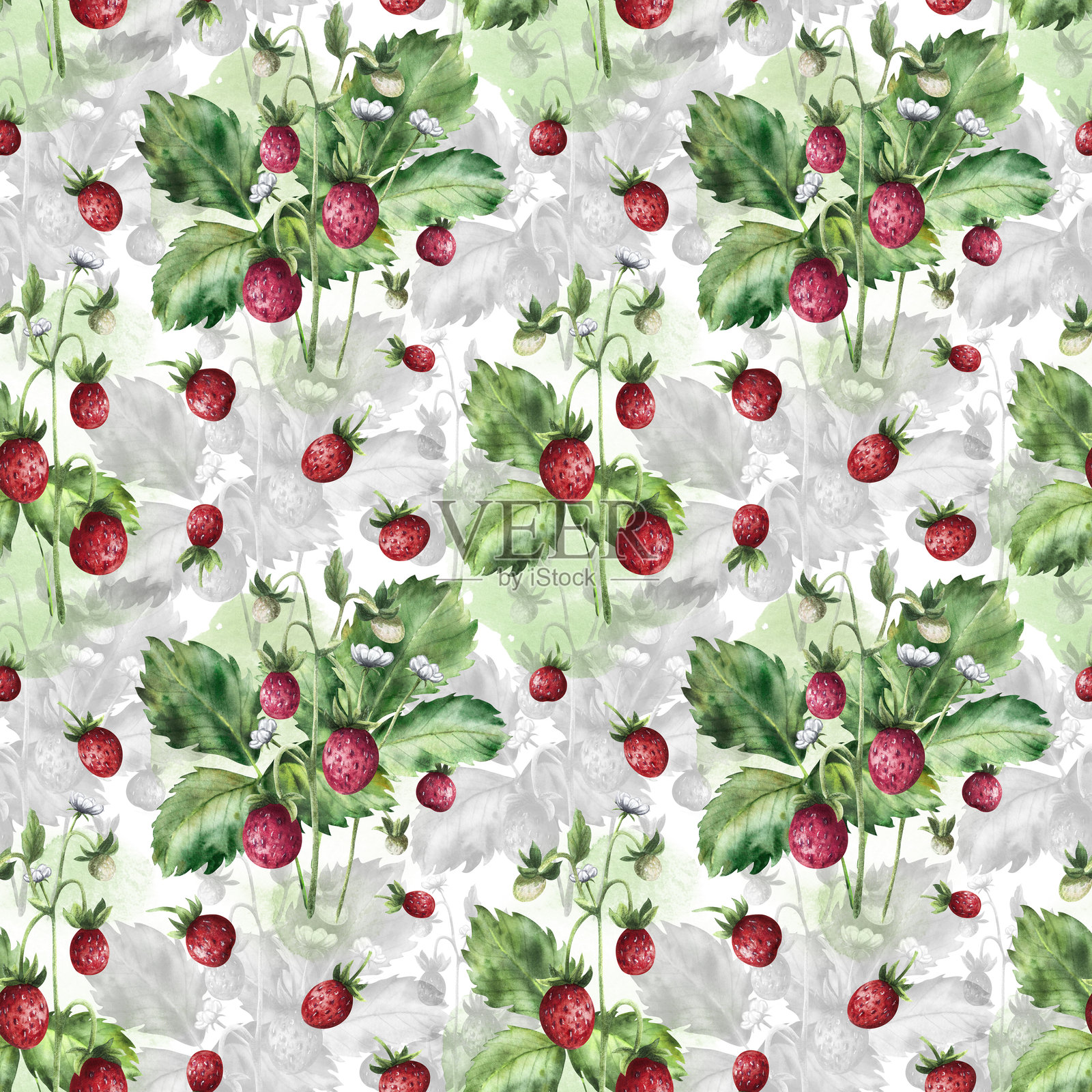 红色野生草莓与树叶和花朵的背景与阴影图案。手绘水彩无缝图案。用于设计和装饰，纺织和印刷插画图片素材