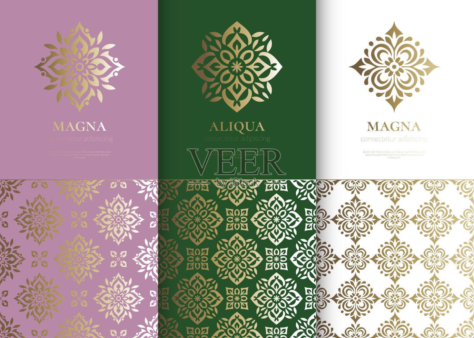 一套金色曼陀罗标志。可用于首饰、美容、时尚等行业。伟大的徽章，字母组合，邀请，传单，菜单，小册子，背景，或任何理想的想法。插画图片素材