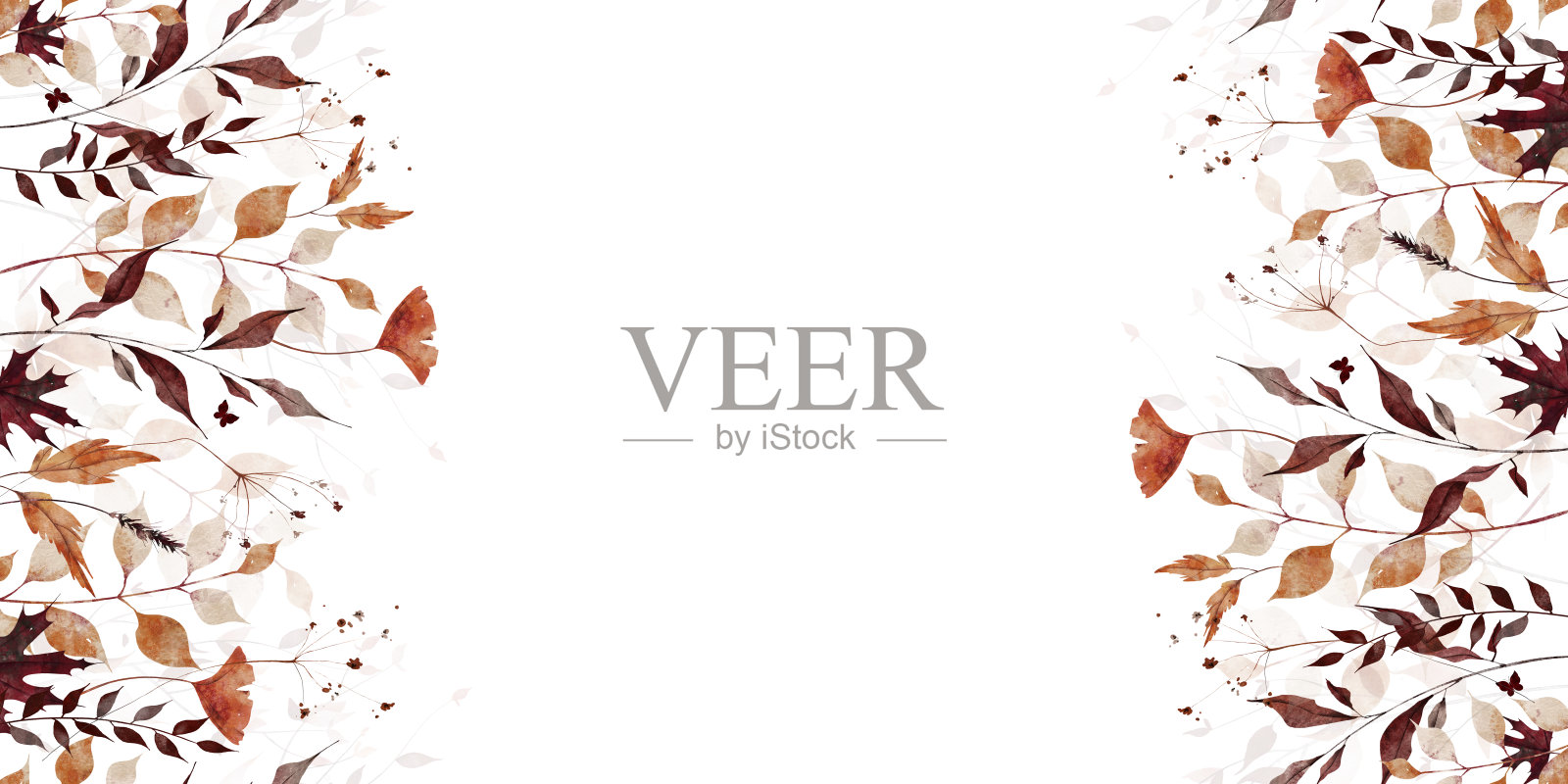 水彩秋季无缝边框框架。橙色，棕色和灰色的落叶，野生的树枝和细枝，花朵。插画图片素材